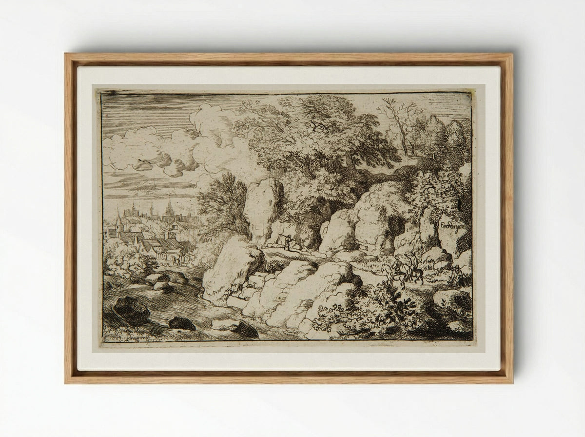 Two Men Riding Along Rocks - Allart van Everdingen - Framed Canvas Wood