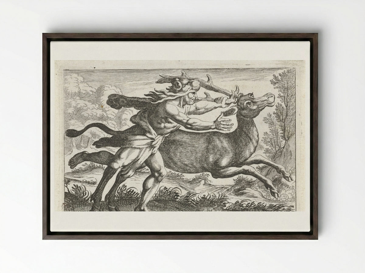 Hercules Capturing the Ceryneian Hind - Simon Frisius - Framed Canvas Dark Wood