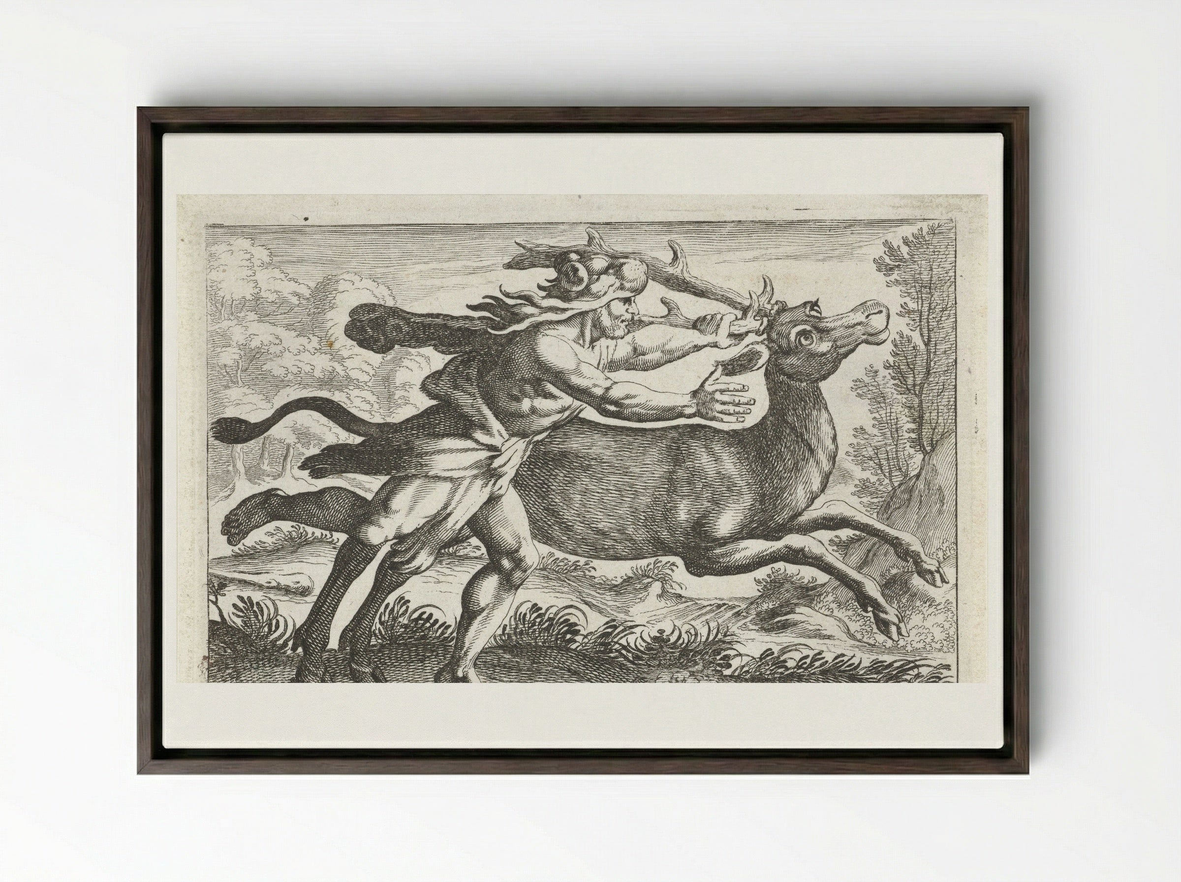 Hercules Capturing the Ceryneian Hind - Simon Frisius - Framed Canvas Dark Wood