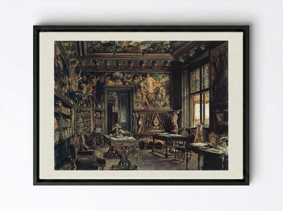 The Library in the Palais Dumba - Rudolf von Alt - Framed Canvas Black