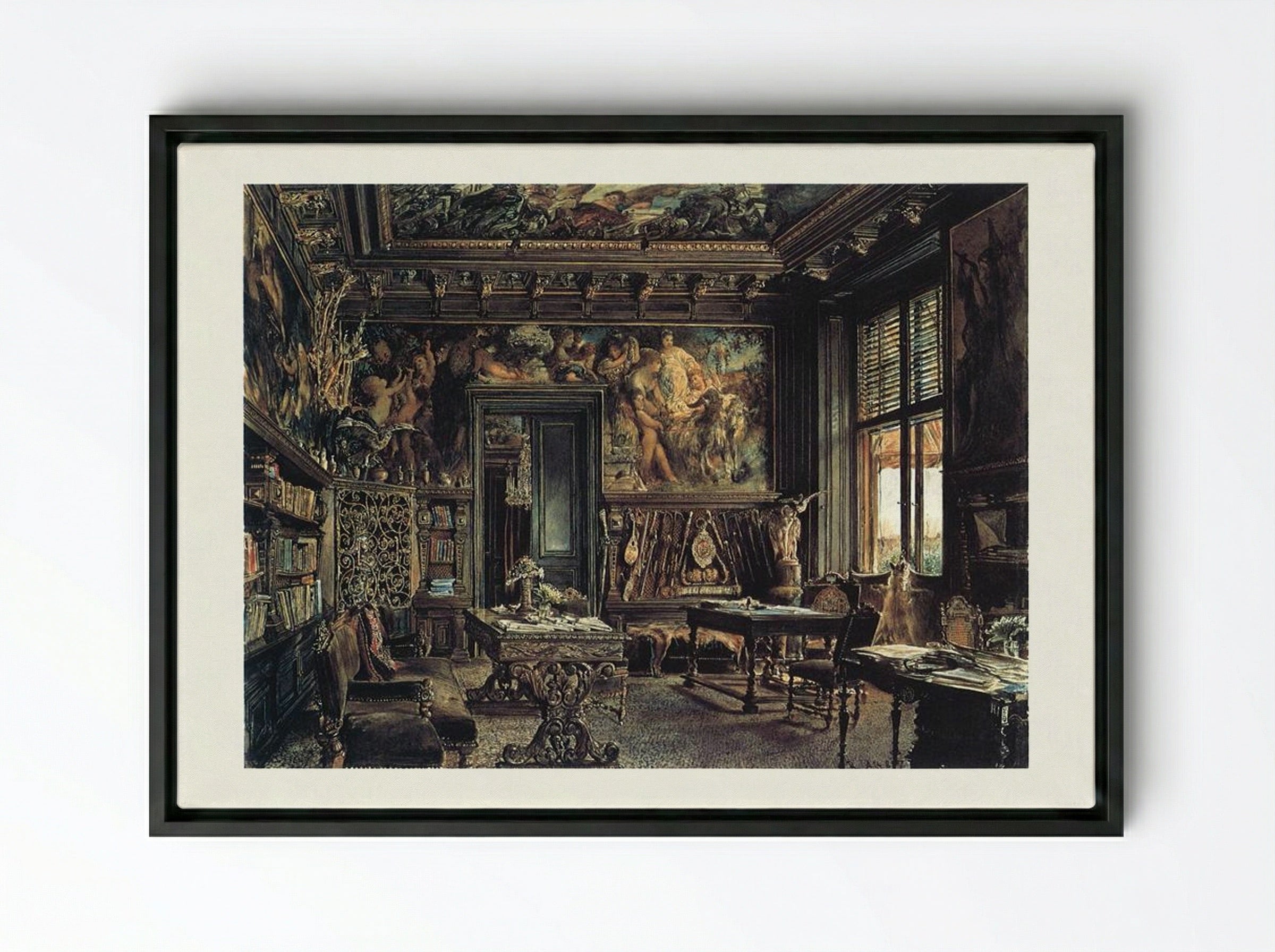 The Library in the Palais Dumba - Rudolf von Alt - Framed Canvas Black