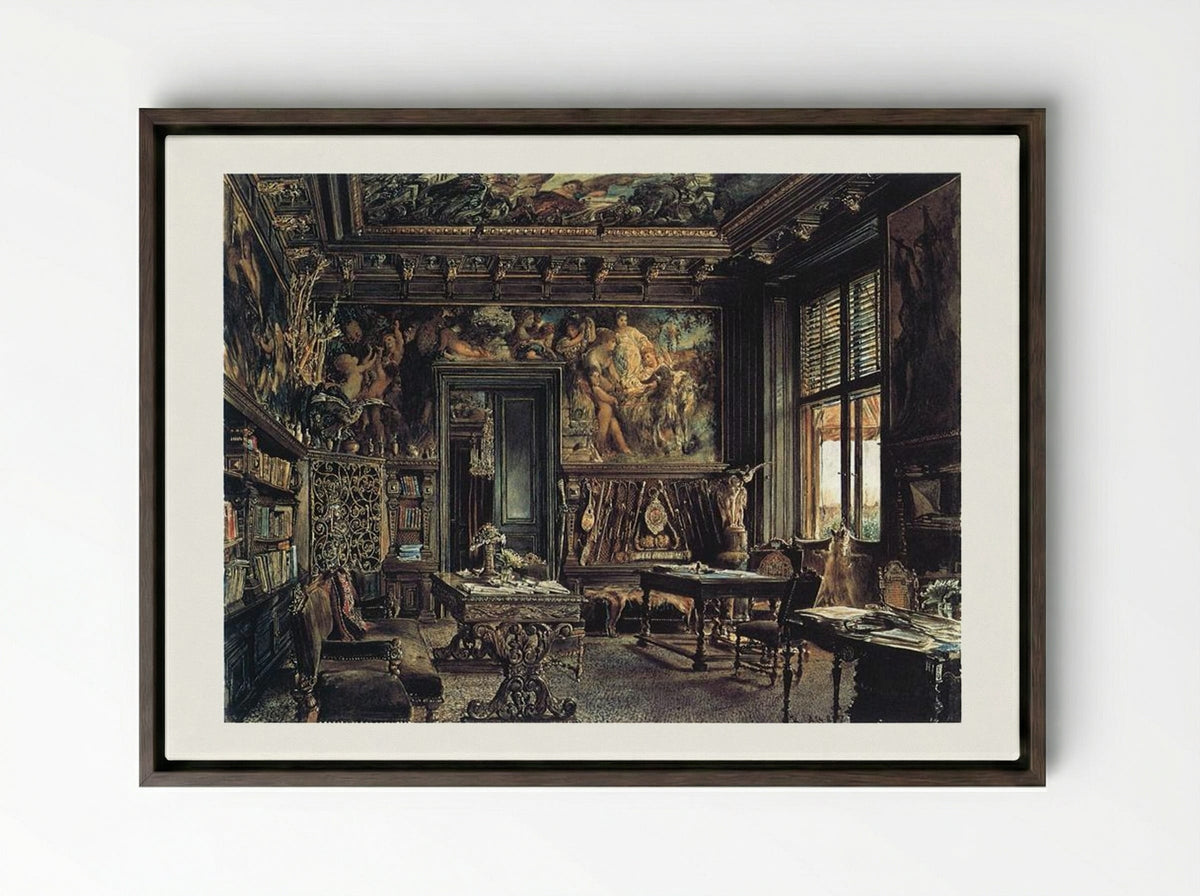 The Library in the Palais Dumba - Rudolf von Alt - Framed Canvas Dark Wood