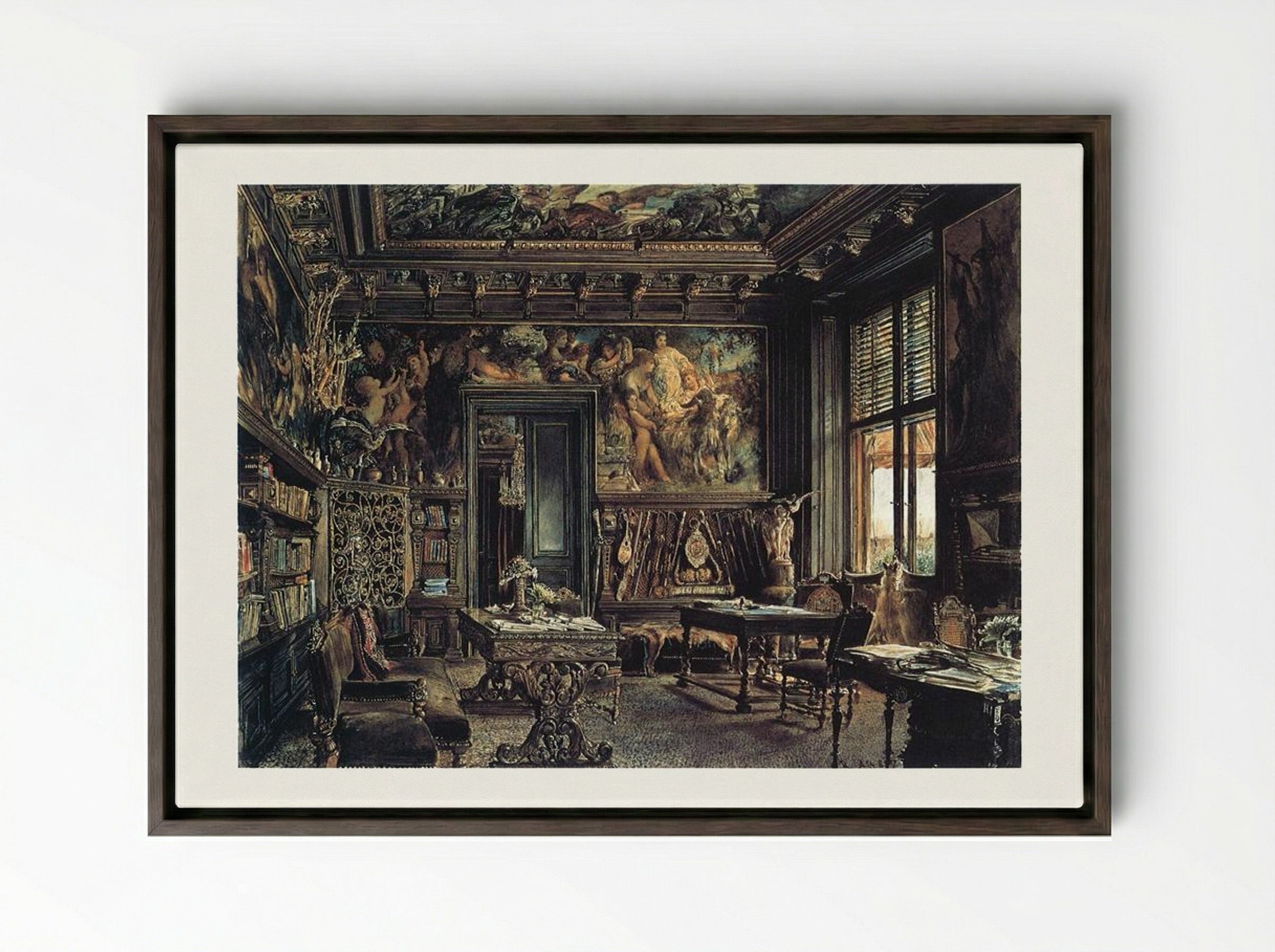 The Library in the Palais Dumba - Rudolf von Alt - Framed Canvas Dark Wood