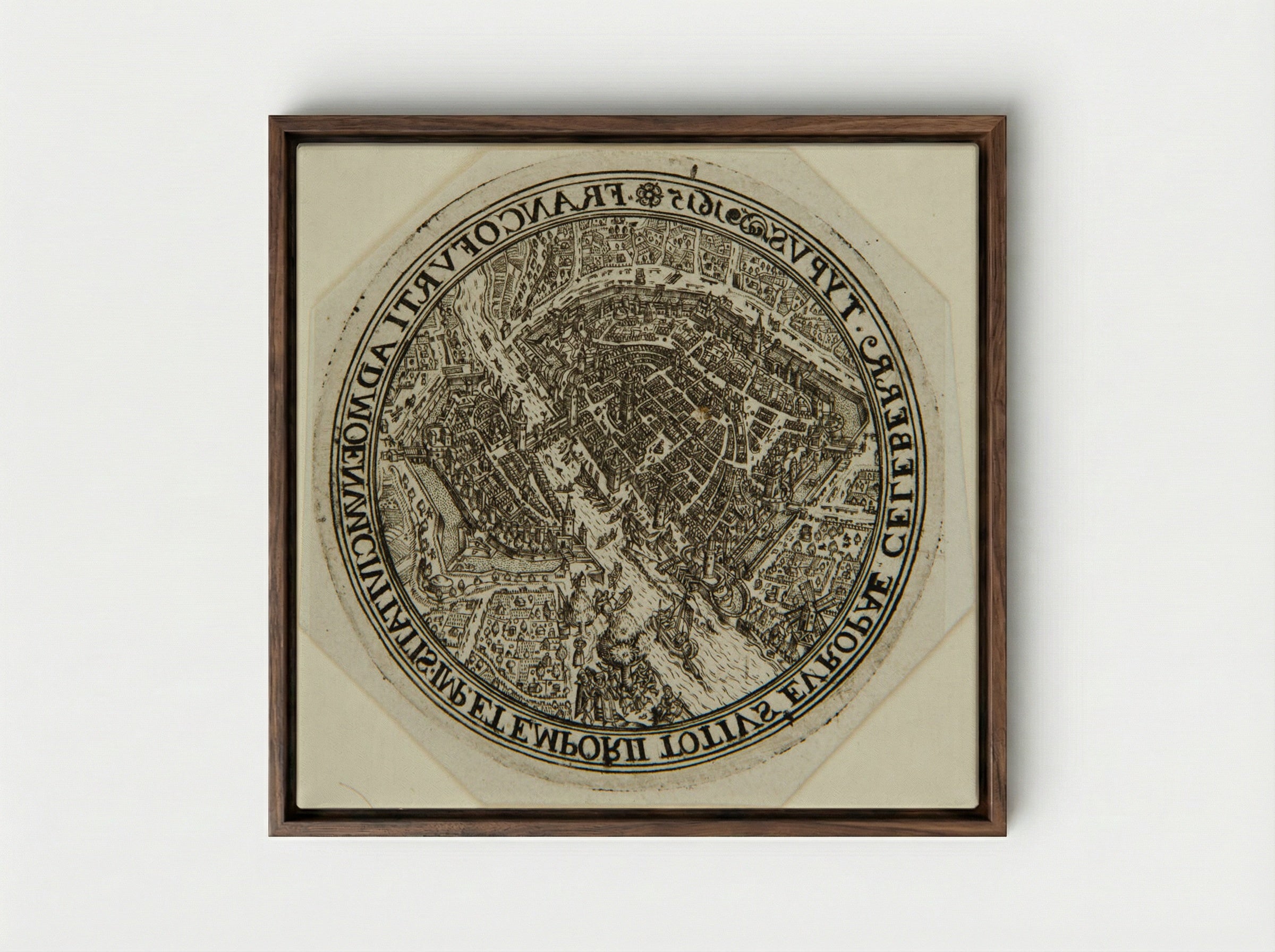 Aerial View of Frankfort - Johann Theodor de Bry - Framed Canvas Dark Wood
