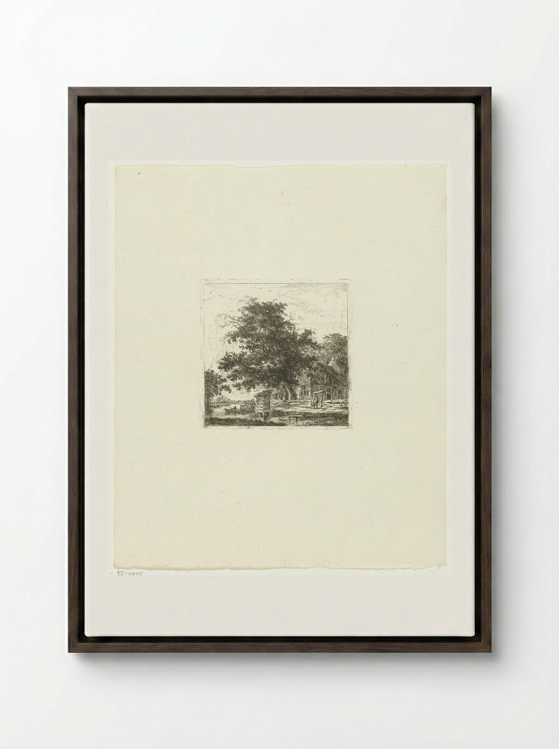 Landschap met huis en visser in een boot - Hermanus van Brussel - Framed Canvas Dark Wood