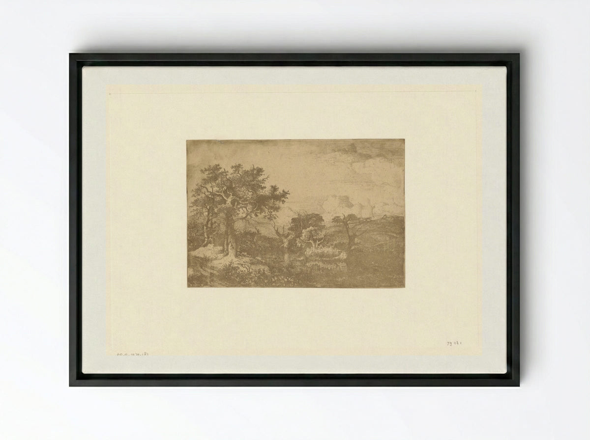 Hilly Landscape with Trees and a Windmill near Deopham - John Crome - Framed Canvas Black