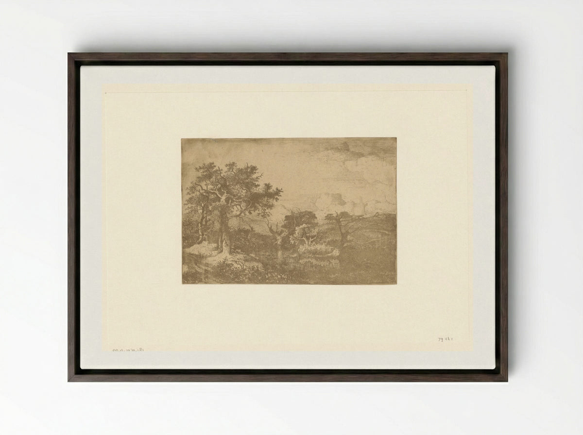 Hilly Landscape with Trees and a Windmill near Deopham - John Crome - Framed Canvas Dark Wood