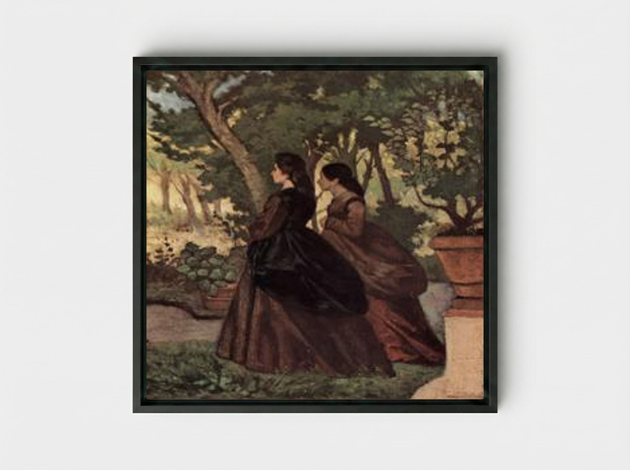 Zwei Damen im Garten von Castiglioncello - Giovanni Fattori - Framed Canvas Black