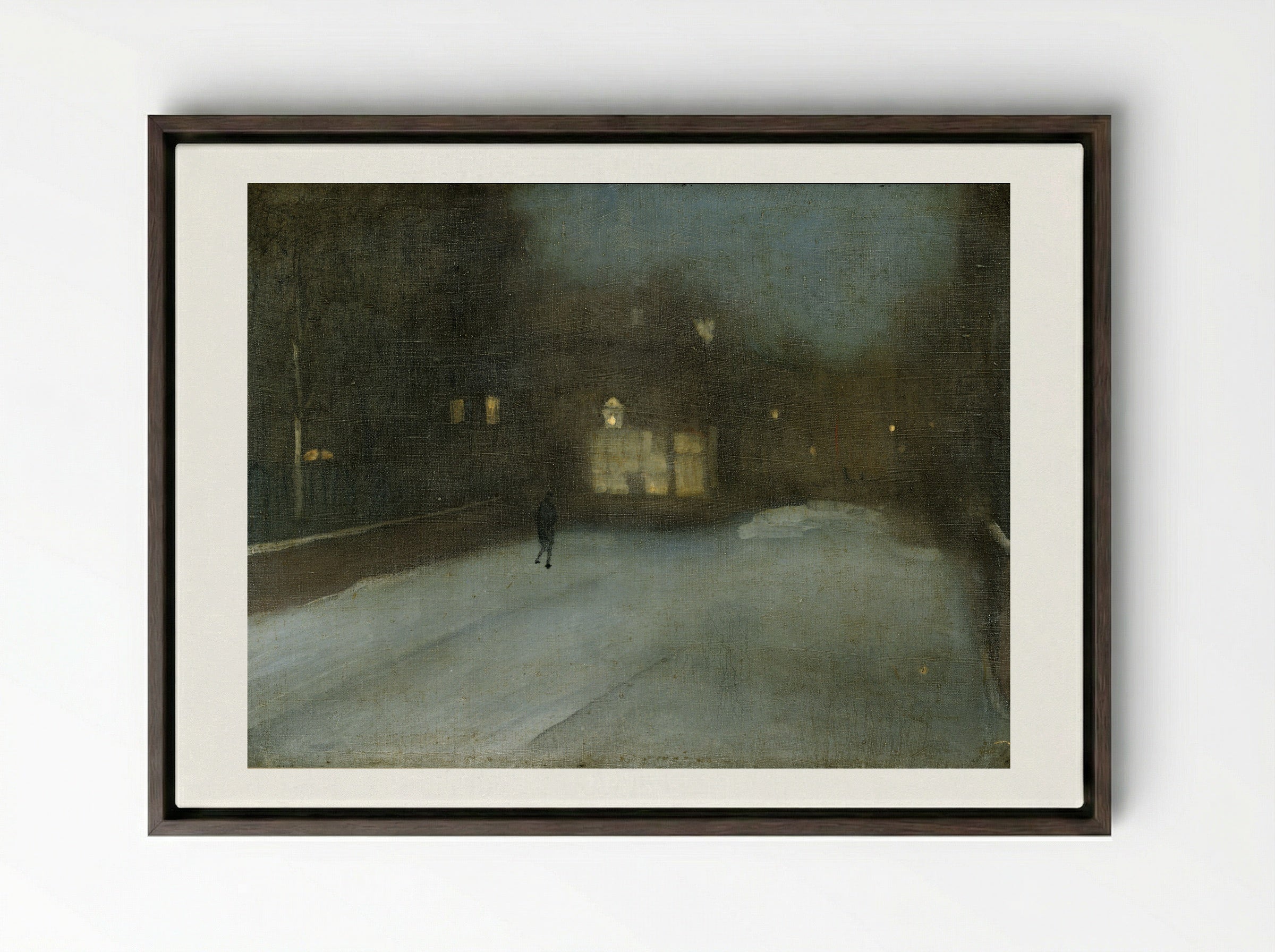 Nocturne in Grey and Gold: Chelsea Snow - James Abbott McNeill Whistler - Framed Canvas Dark Wood