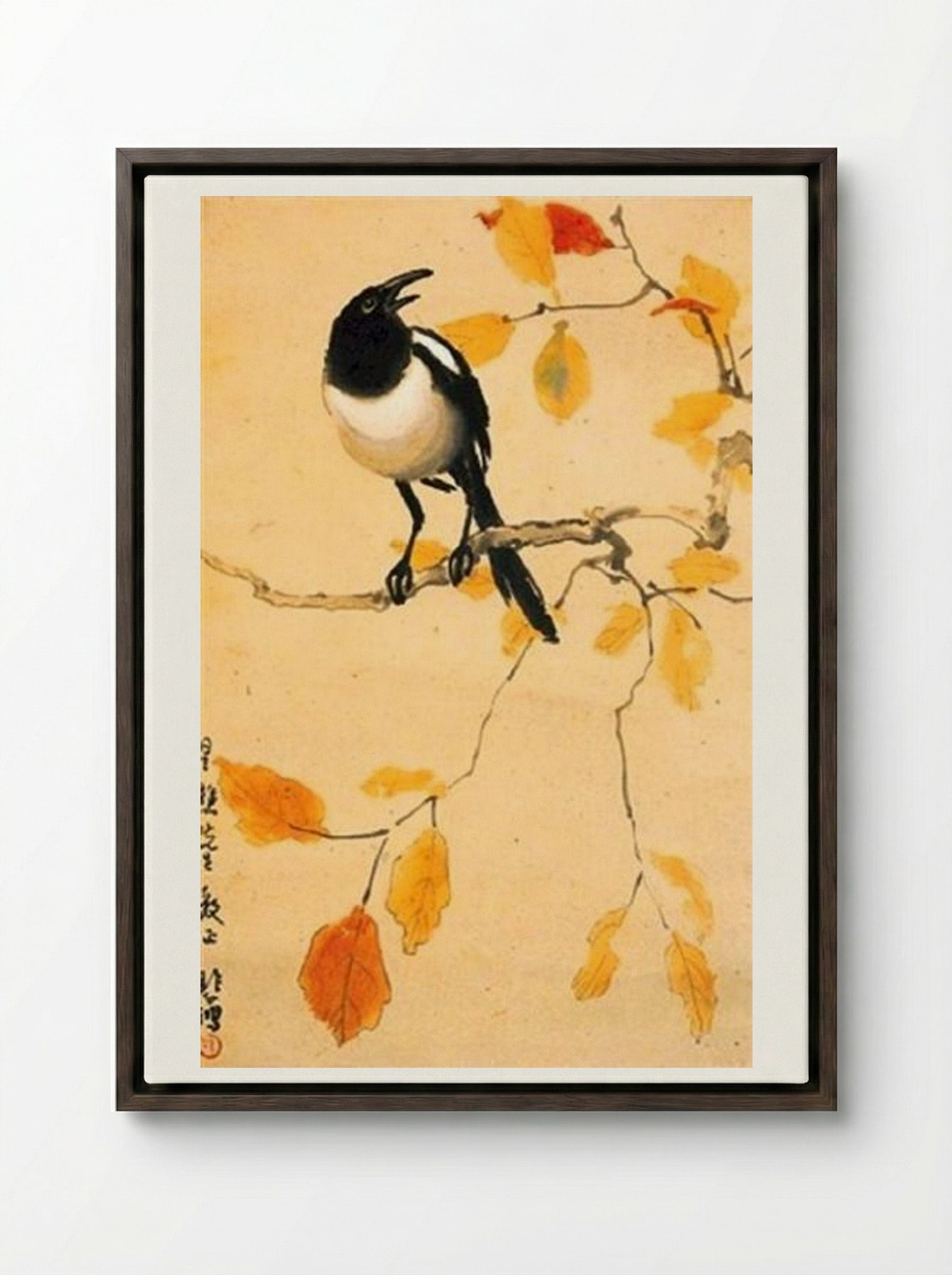 A Magpie on a Maple Branch - Xu Beihong - Framed Canvas Dark Wood