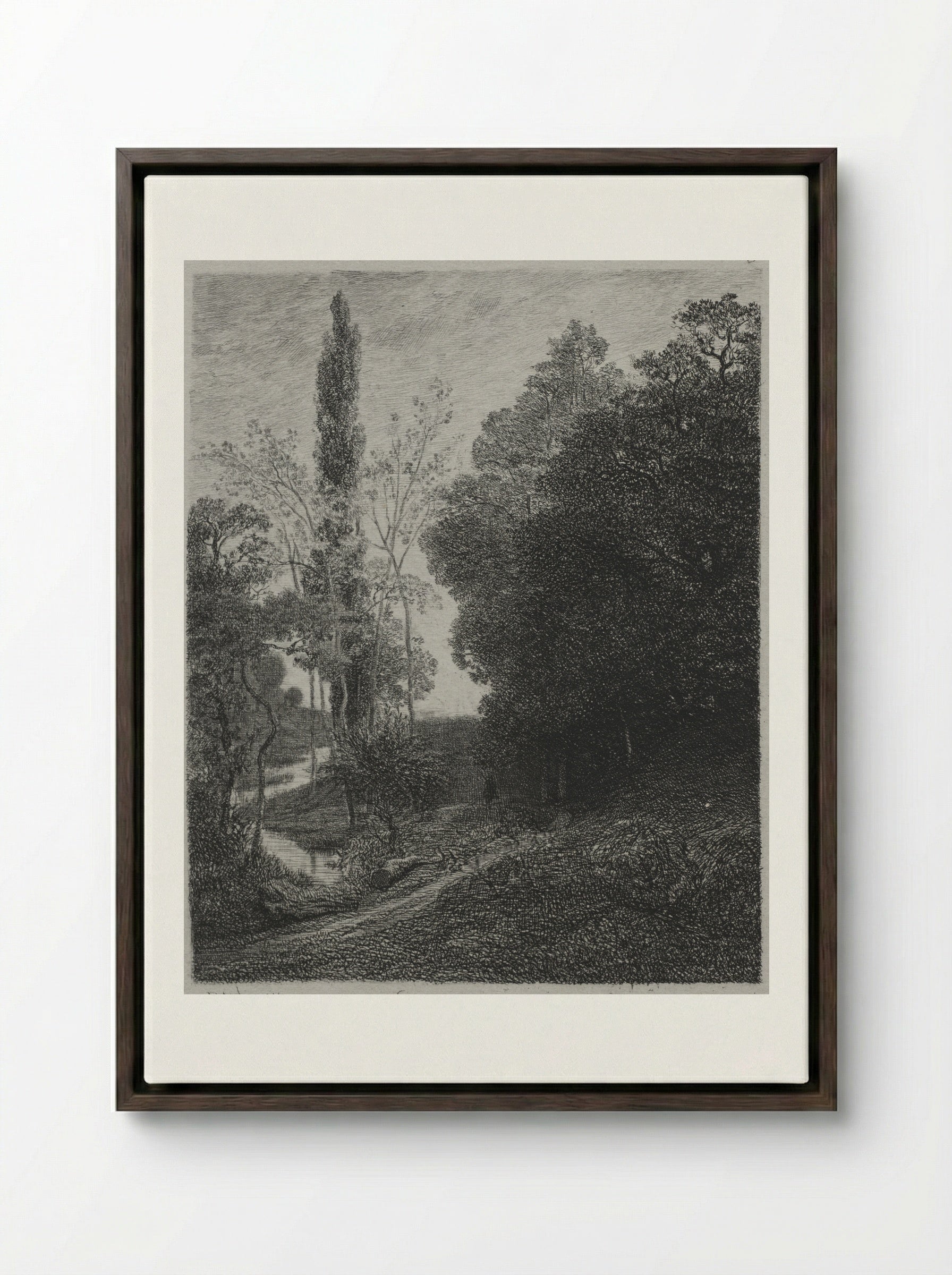 The Banks of the River - Charles-Francois Daubigny - Framed Canvas Dark Wood