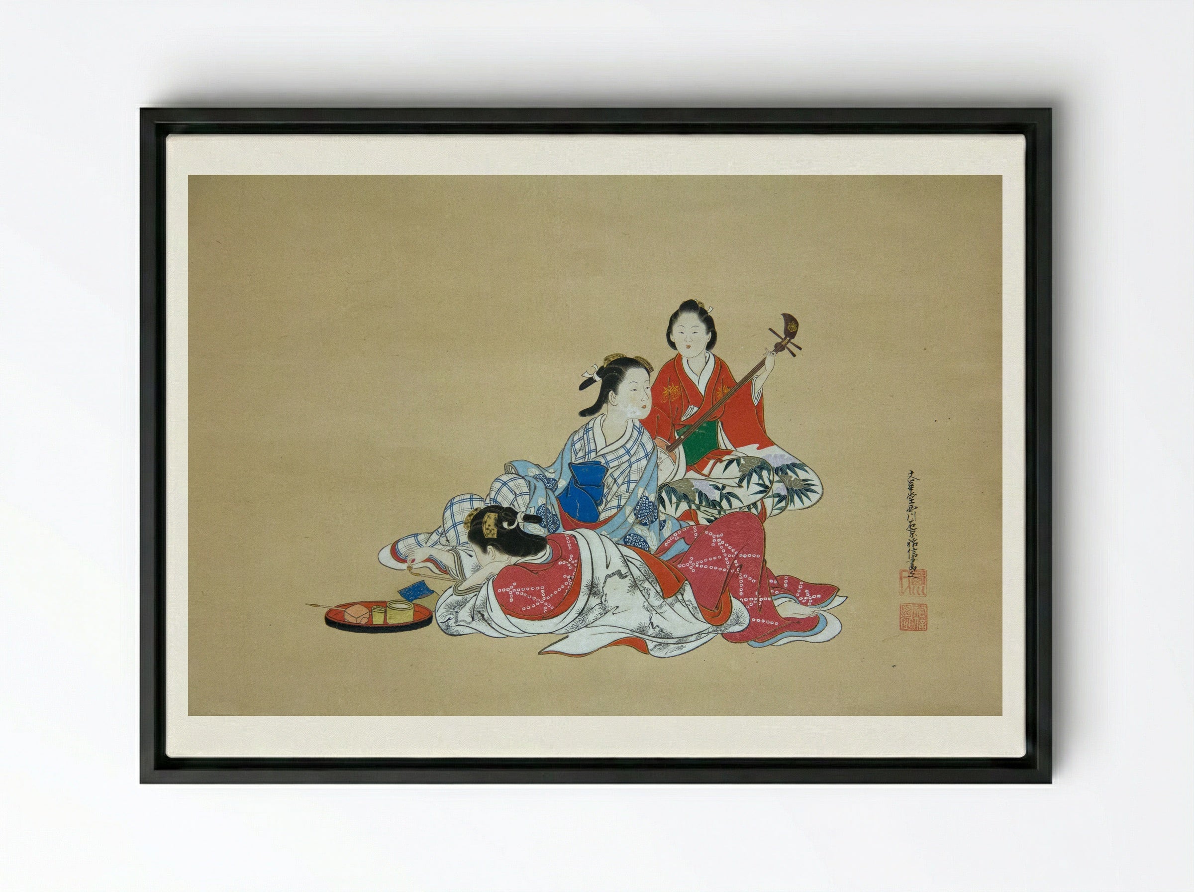 Three Beauties - Nishikawa Sukenobu - Framed Canvas Black