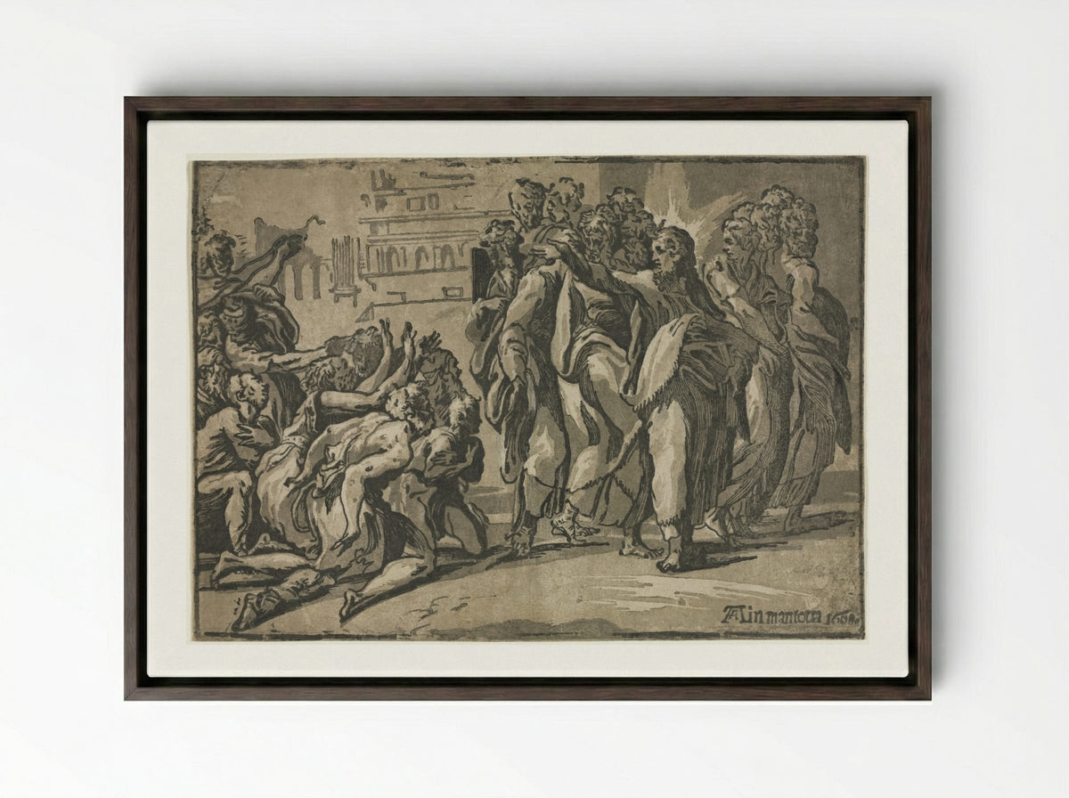 Christ Healing the Lepers - Andrea Andreani - Framed Canvas Dark Wood