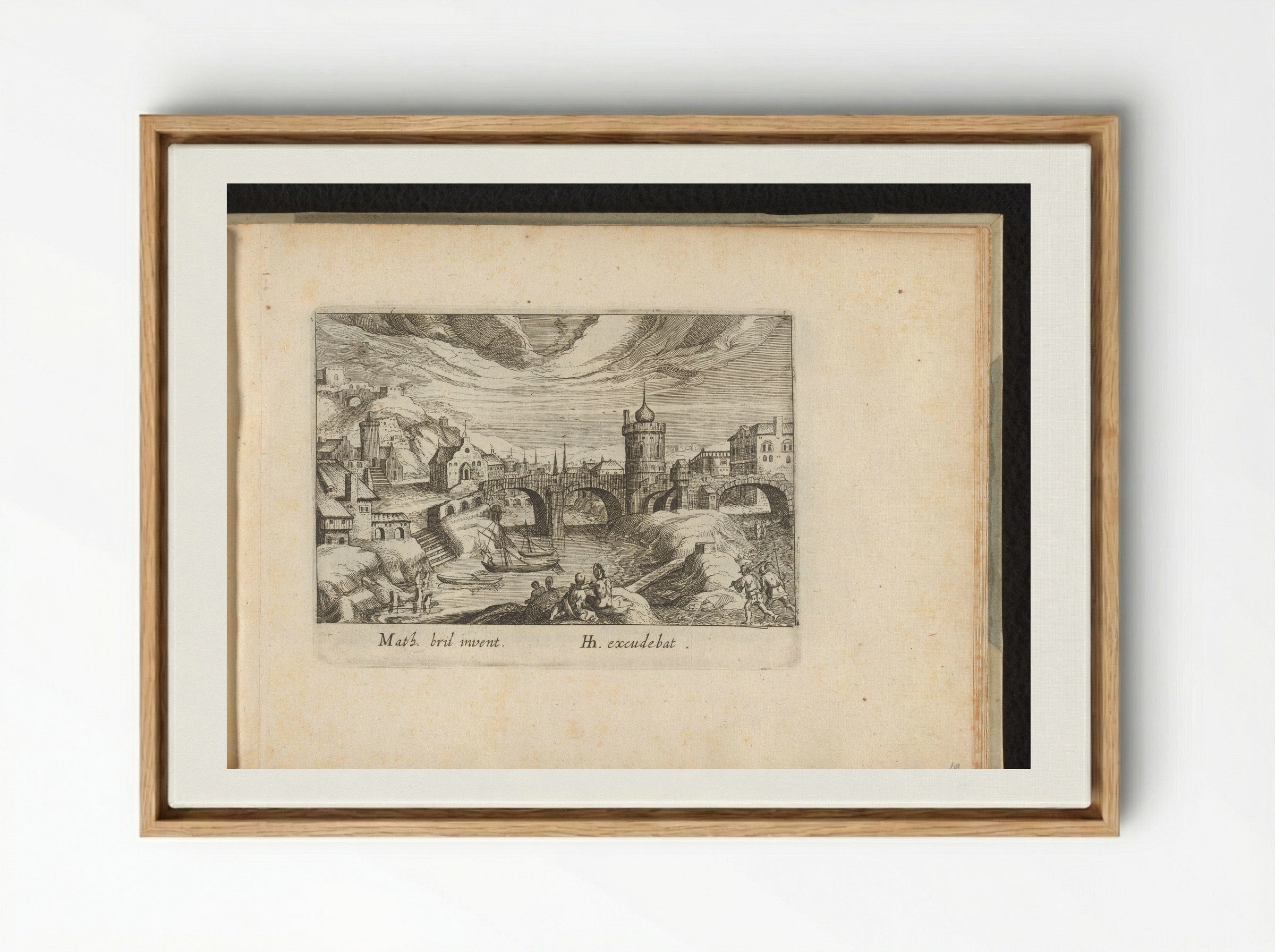 Stadsgezicht met brug en toren - Simon Frisius - Framed Canvas Wood