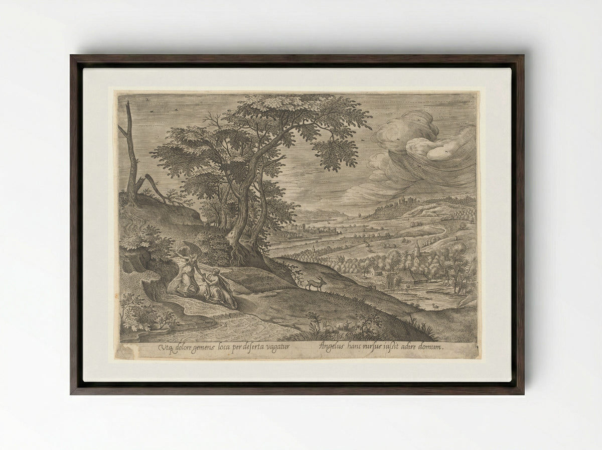 Saint Genevieve with an Angel - Philips Galle - Framed Canvas Dark Wood