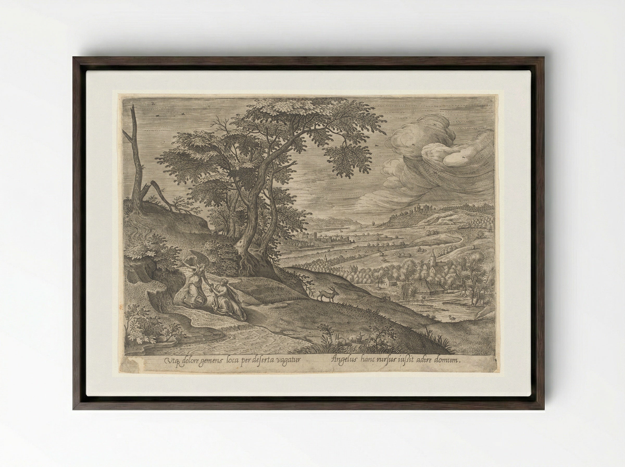 Saint Genevieve with an Angel - Philips Galle - Framed Canvas Dark Wood