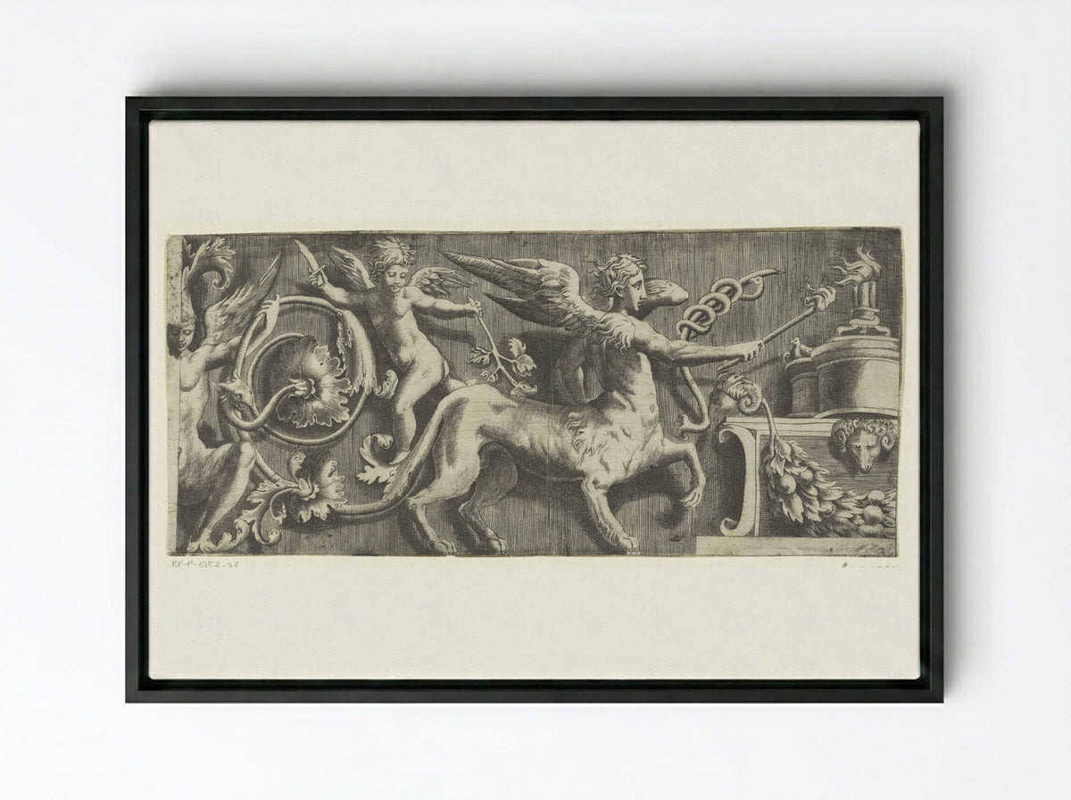 Frieze with Sphinx and Putto at an Altar - Giulio Bonasone - Framed Canvas Black