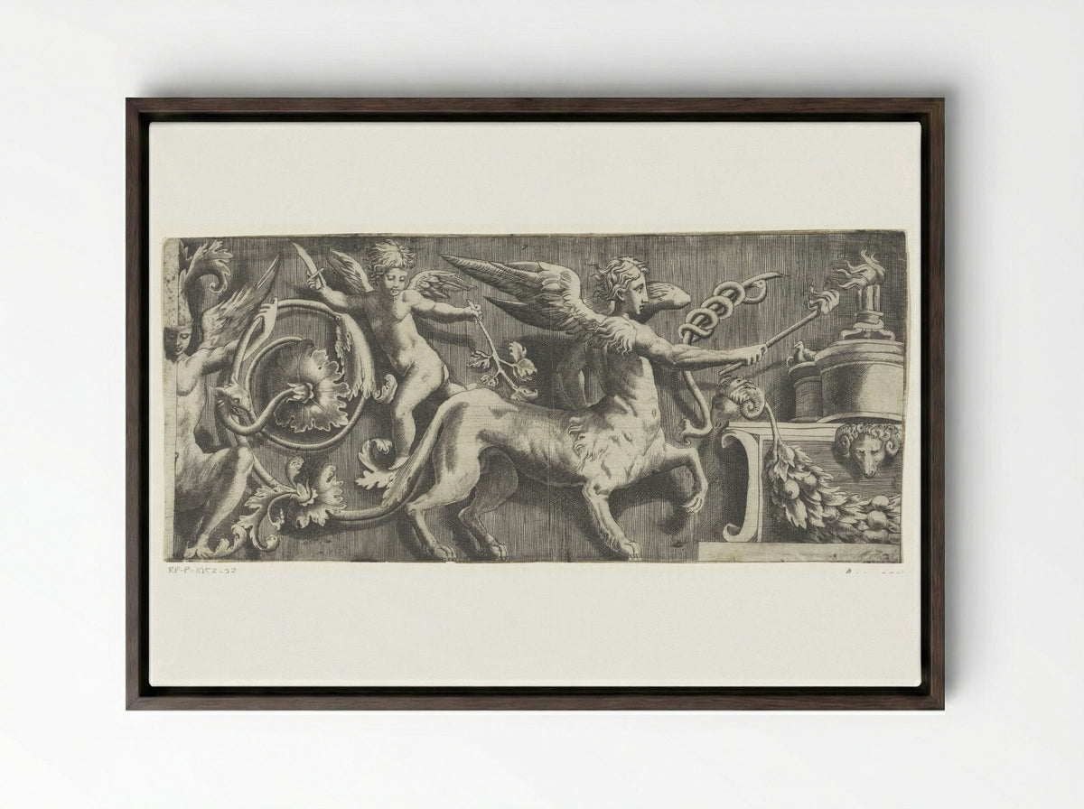 Frieze with Sphinx and Putto at an Altar - Giulio Bonasone - Framed Canvas Dark Wood