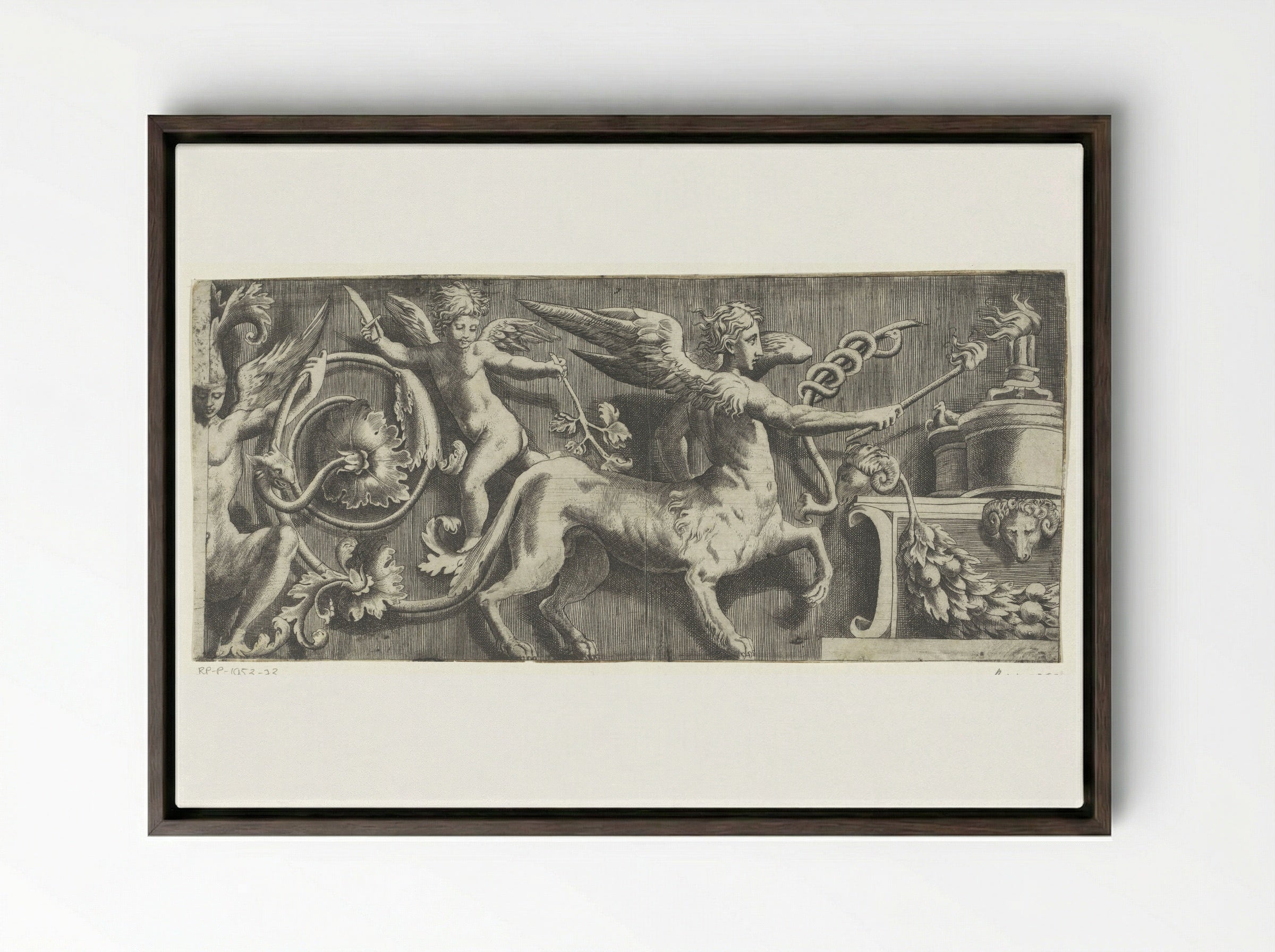 Frieze with Sphinx and Putto at an Altar - Giulio Bonasone - Framed Canvas Dark Wood