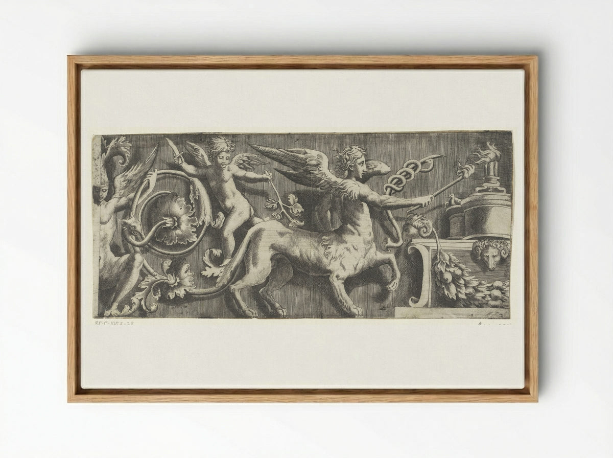 Frieze with Sphinx and Putto at an Altar - Giulio Bonasone - Framed Canvas Wood