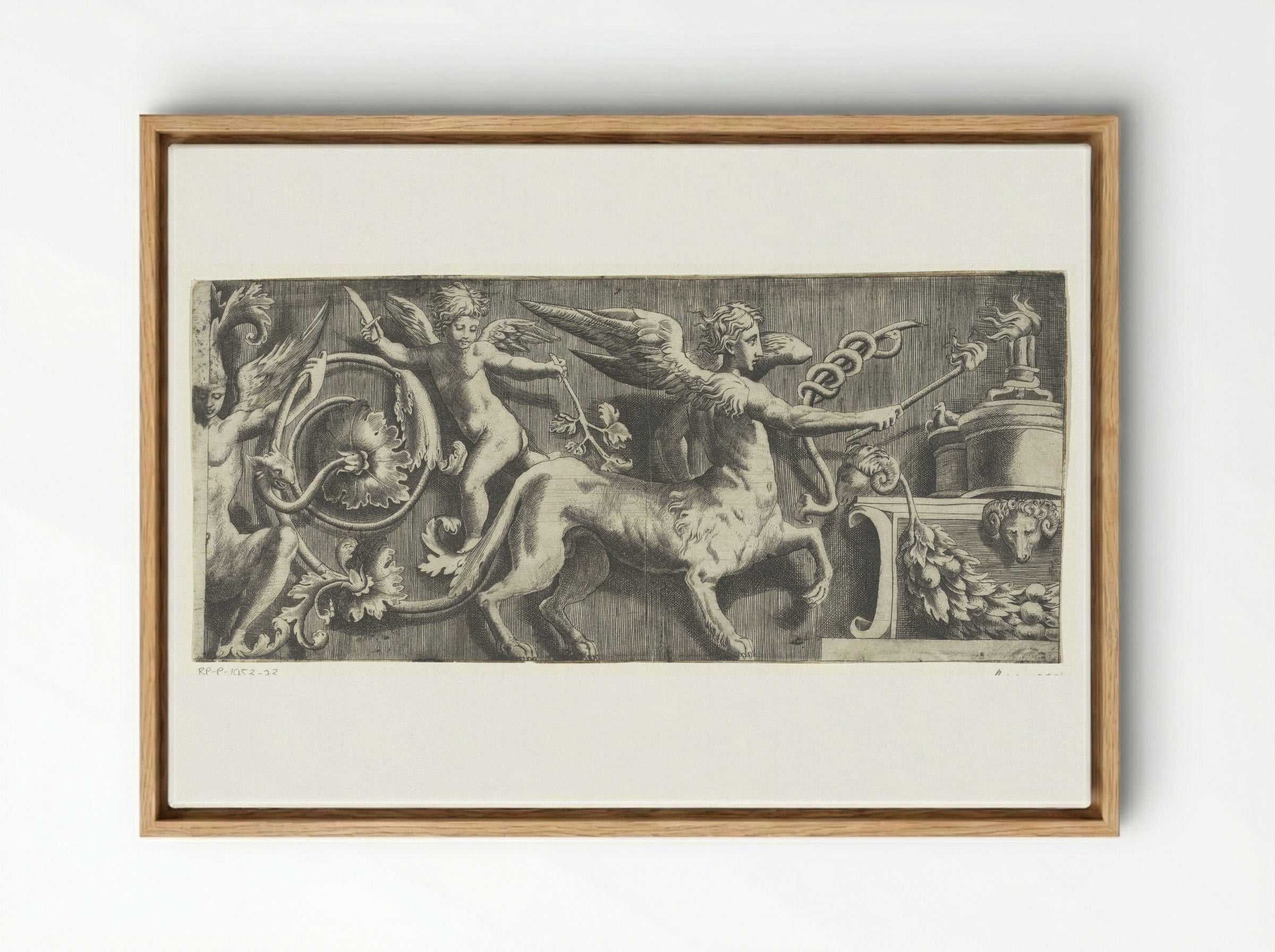Frieze with Sphinx and Putto at an Altar - Giulio Bonasone - Framed Canvas Wood