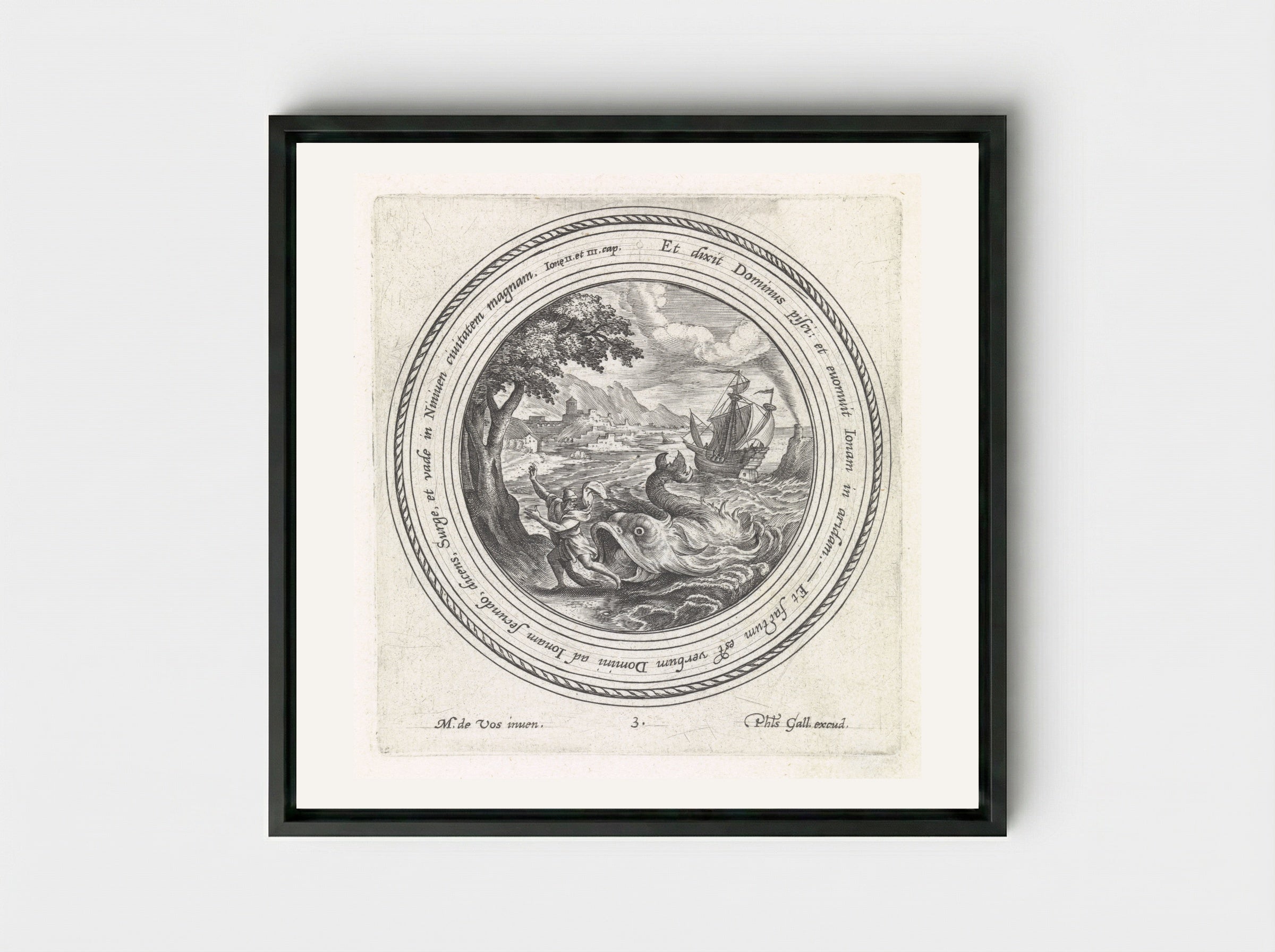 Jonah Cast Ashore by the Great Fish - Crispijn van de Passe (I) - Framed Canvas Black