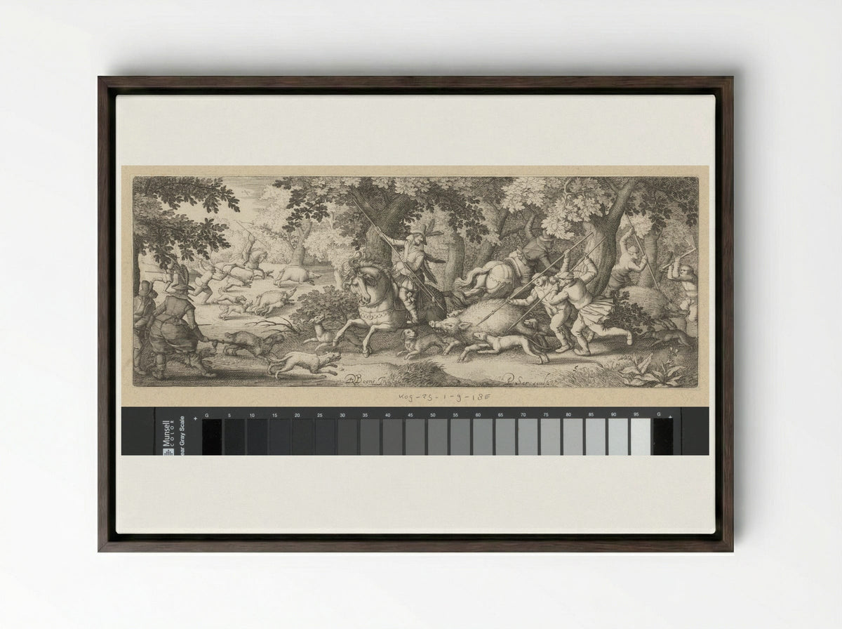 Zwijnenjacht (Boar Hunt) - Claes Jansz. Visscher (II) - Framed Canvas Dark Wood