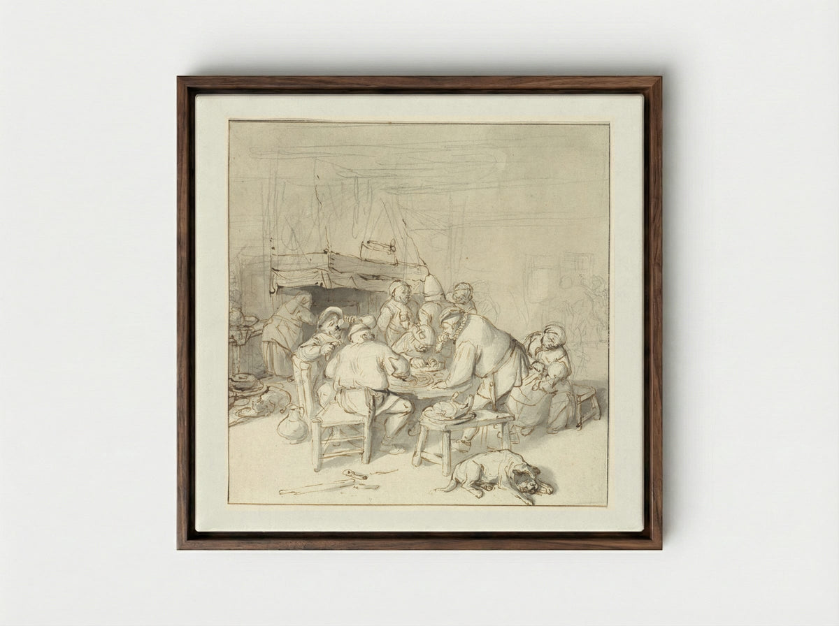 Scene at an Inn - Cornelis Dusart - Framed Canvas Dark Wood