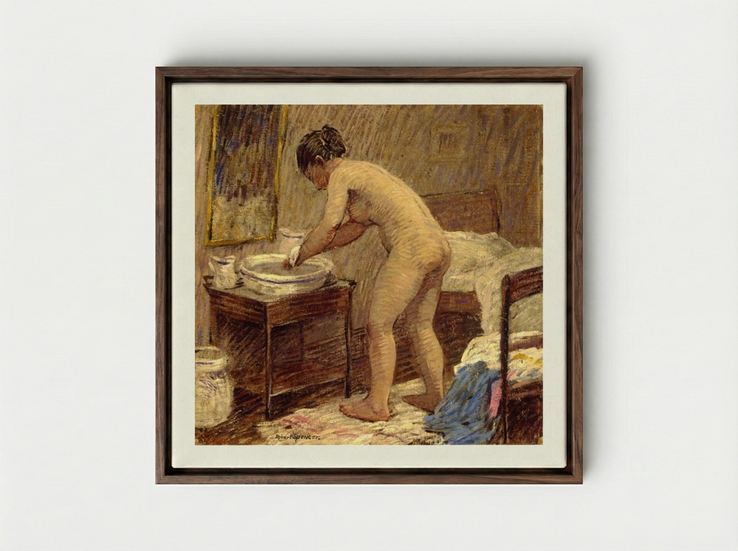 The Bath - Robert Spencer - Framed Canvas Dark Wood