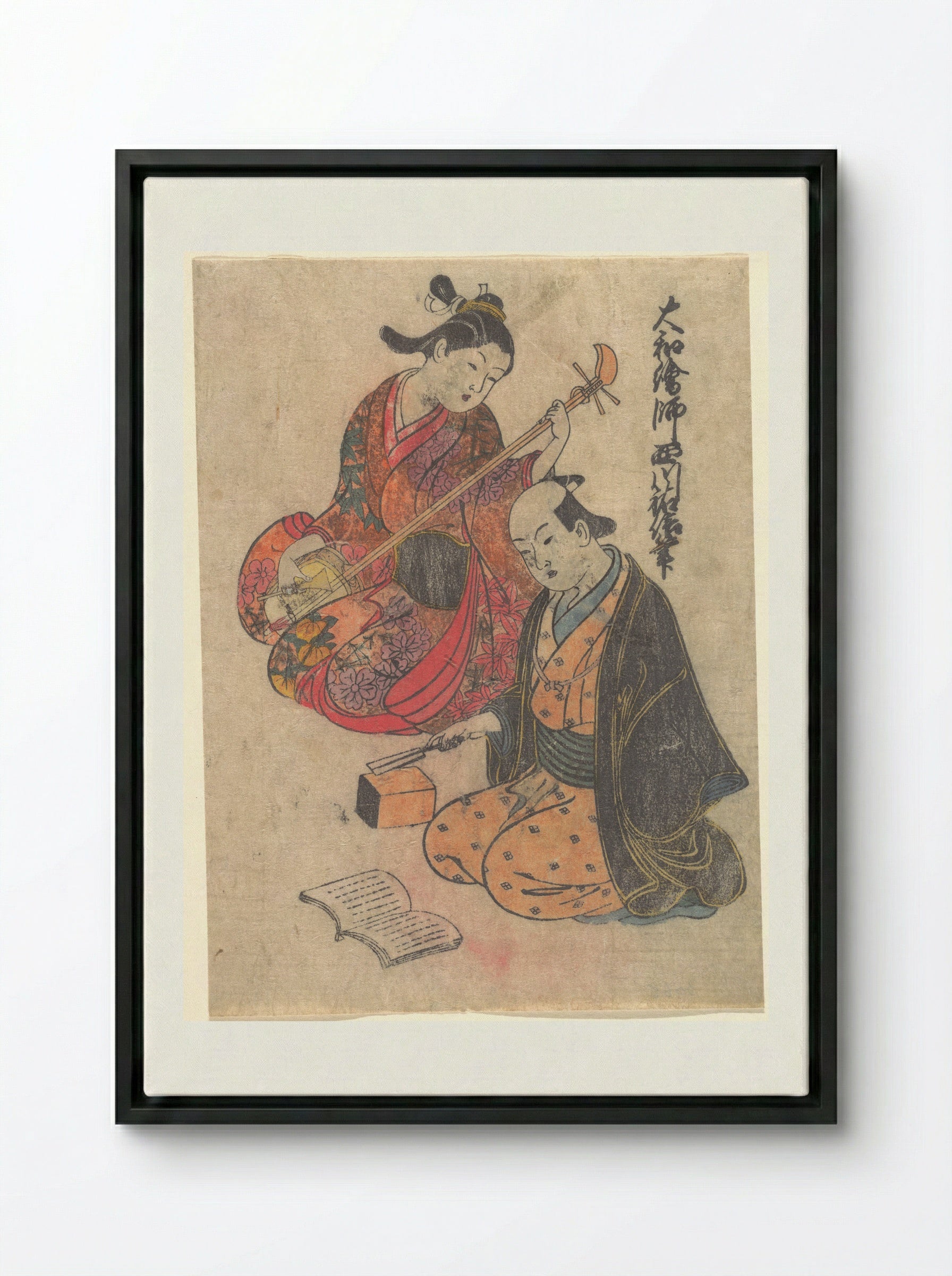 Young Lady Taking a Lesson on the Shamisen - Nishikawa Sukenobu - Framed Canvas Black