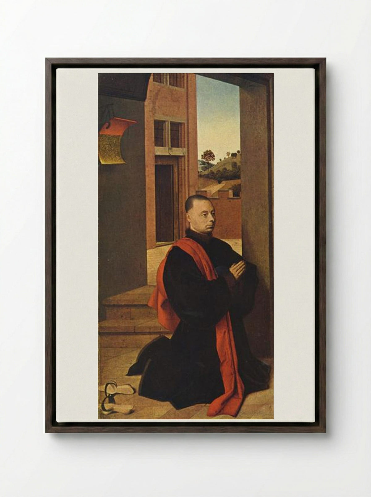 Kneeling male donor - Petrus Christus - Framed Canvas Dark Wood