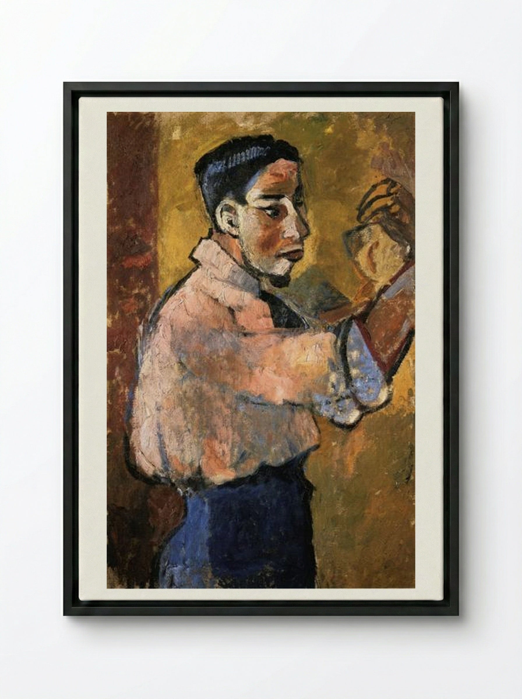 Young Man with a Goatee - Natalia Goncharova - Framed Canvas Black