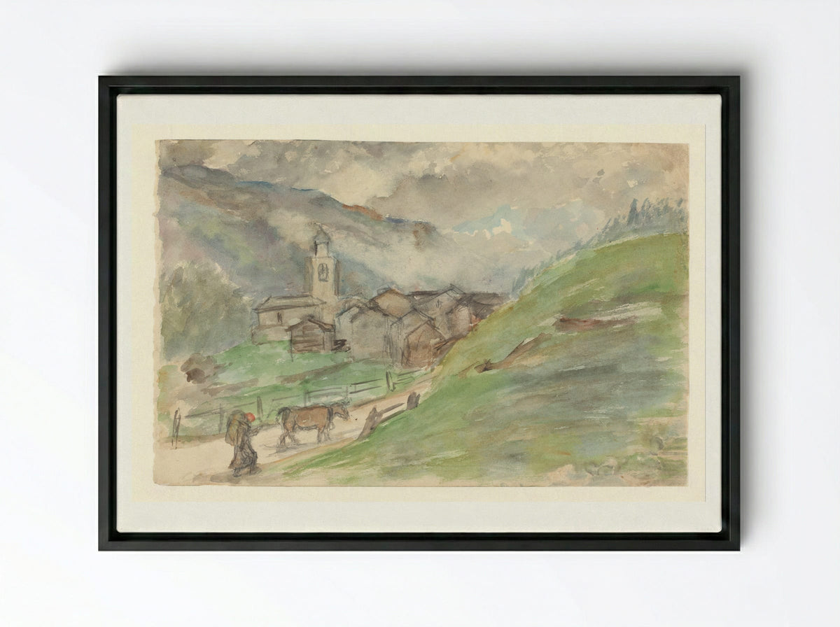 Bergdorpje met kerk - Jozef Israëls - Framed Canvas Black