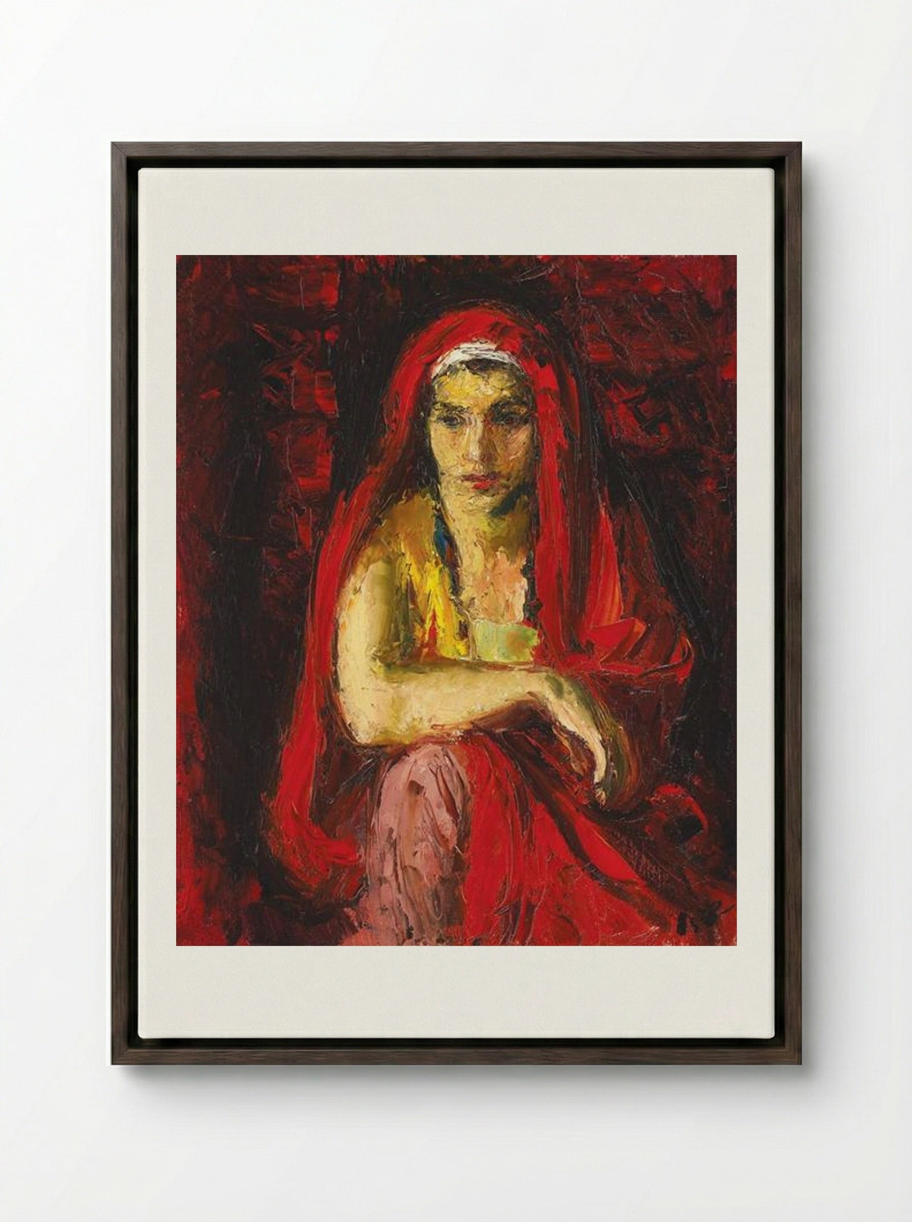 The Red Shawl - Iosif Iser - Framed Canvas Dark Wood