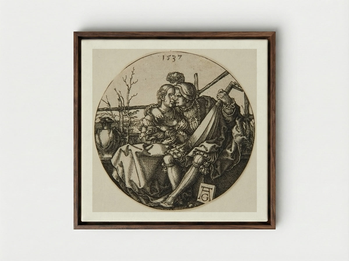 A Lute-Player and His Mistress - Heinrich Aldegrever - Framed Canvas Dark Wood