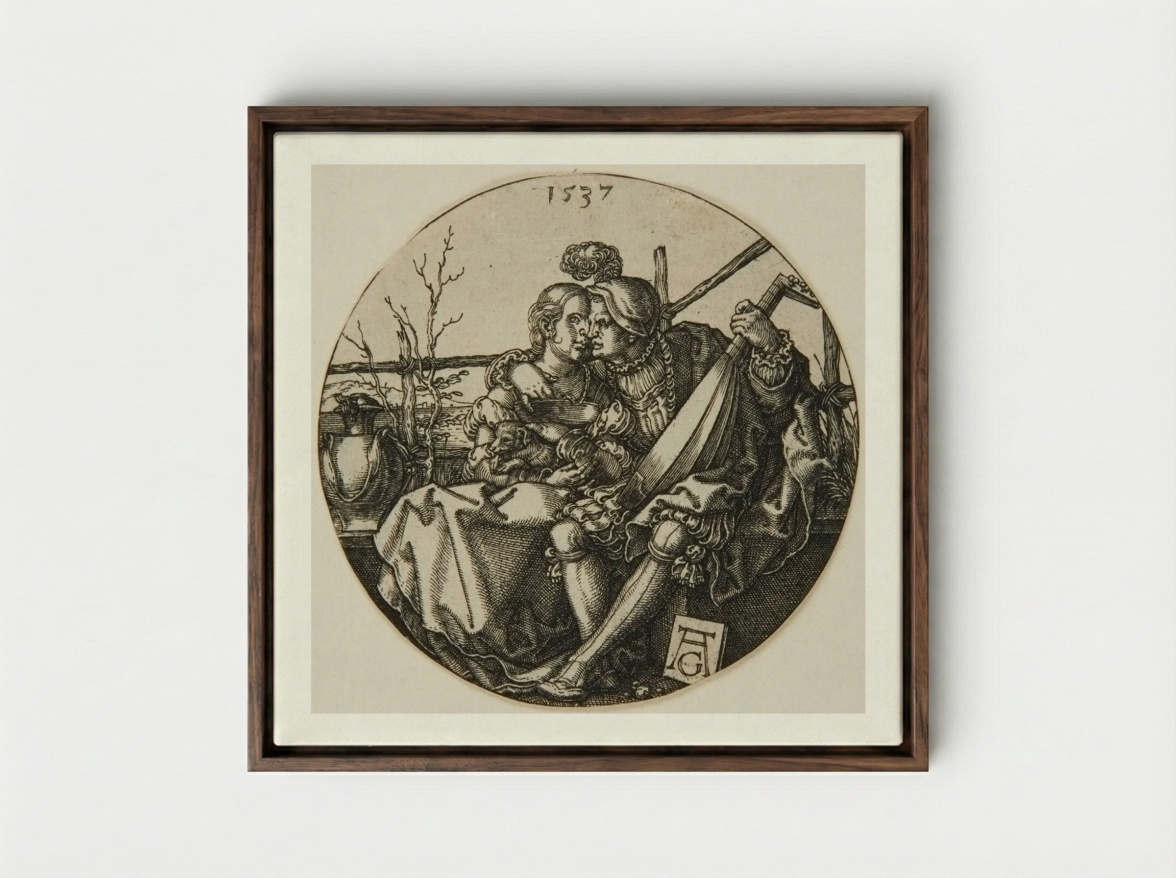 A Lute-Player and His Mistress - Heinrich Aldegrever - Framed Canvas Dark Wood