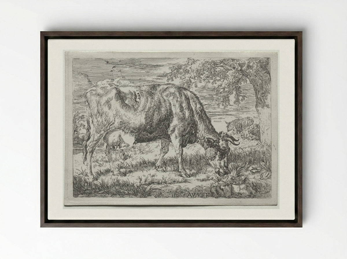 Two Cows Under a Tree - Adriaen van de Velde - Framed Canvas Dark Wood
