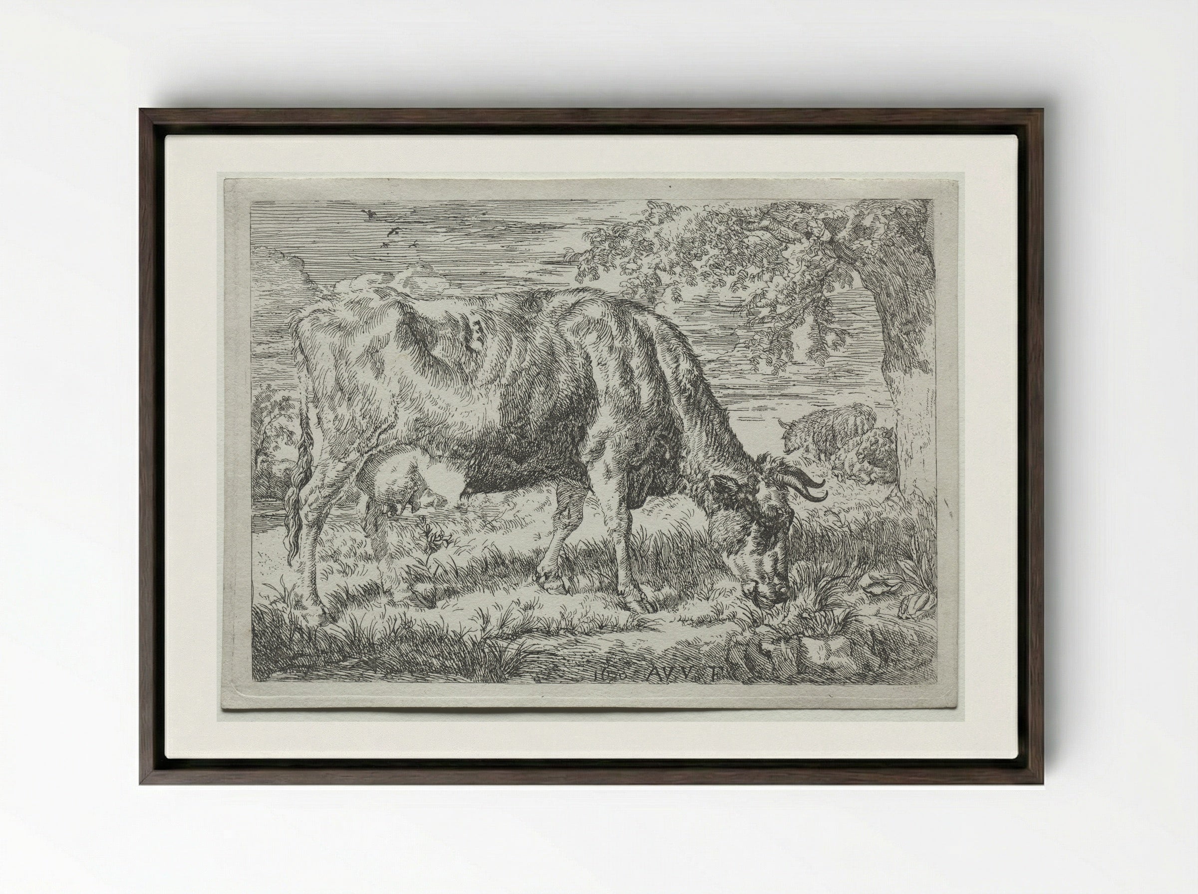 Two Cows Under a Tree - Adriaen van de Velde - Framed Canvas Dark Wood