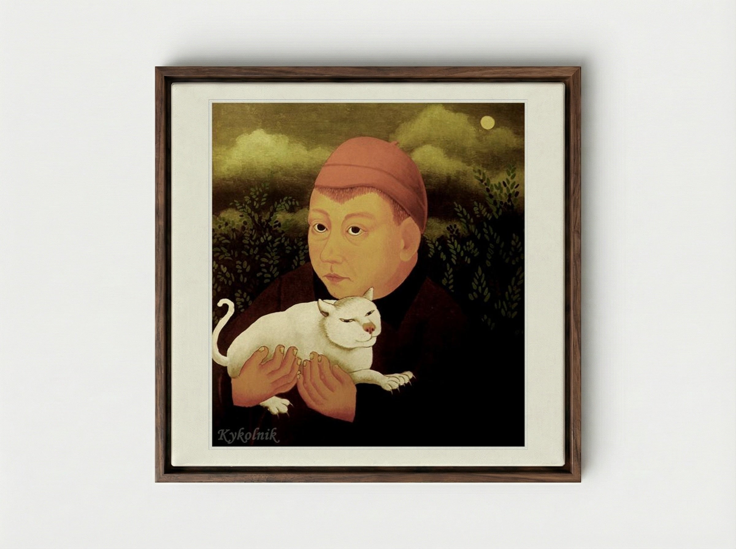 Boy with Cat - Ivan Generalić - Framed Canvas Dark Wood
