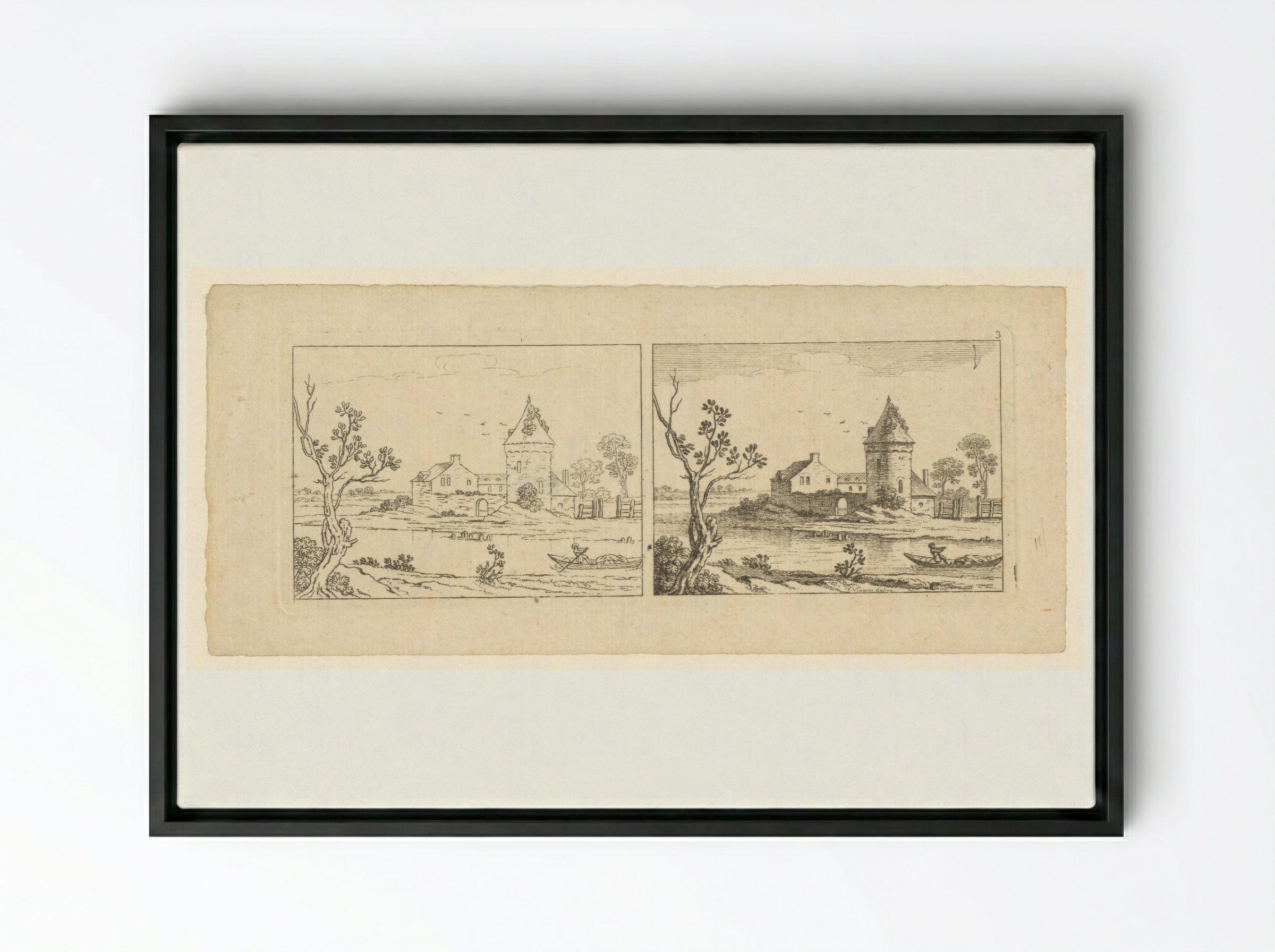 Two Views of a River Scene with a Tower - François Vivares - Framed Canvas Black