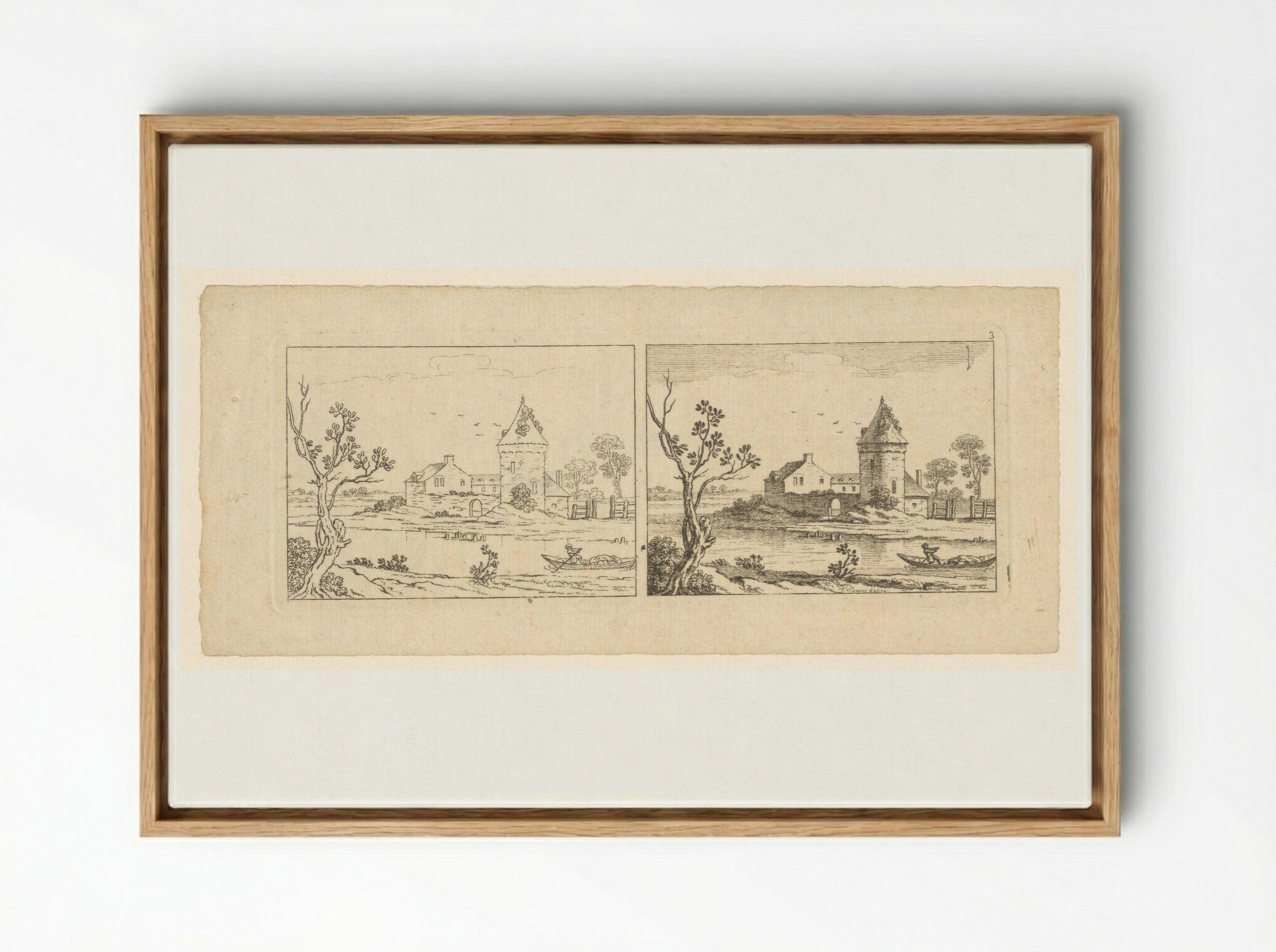 Two Views of a River Scene with a Tower - François Vivares - Framed Canvas Wood