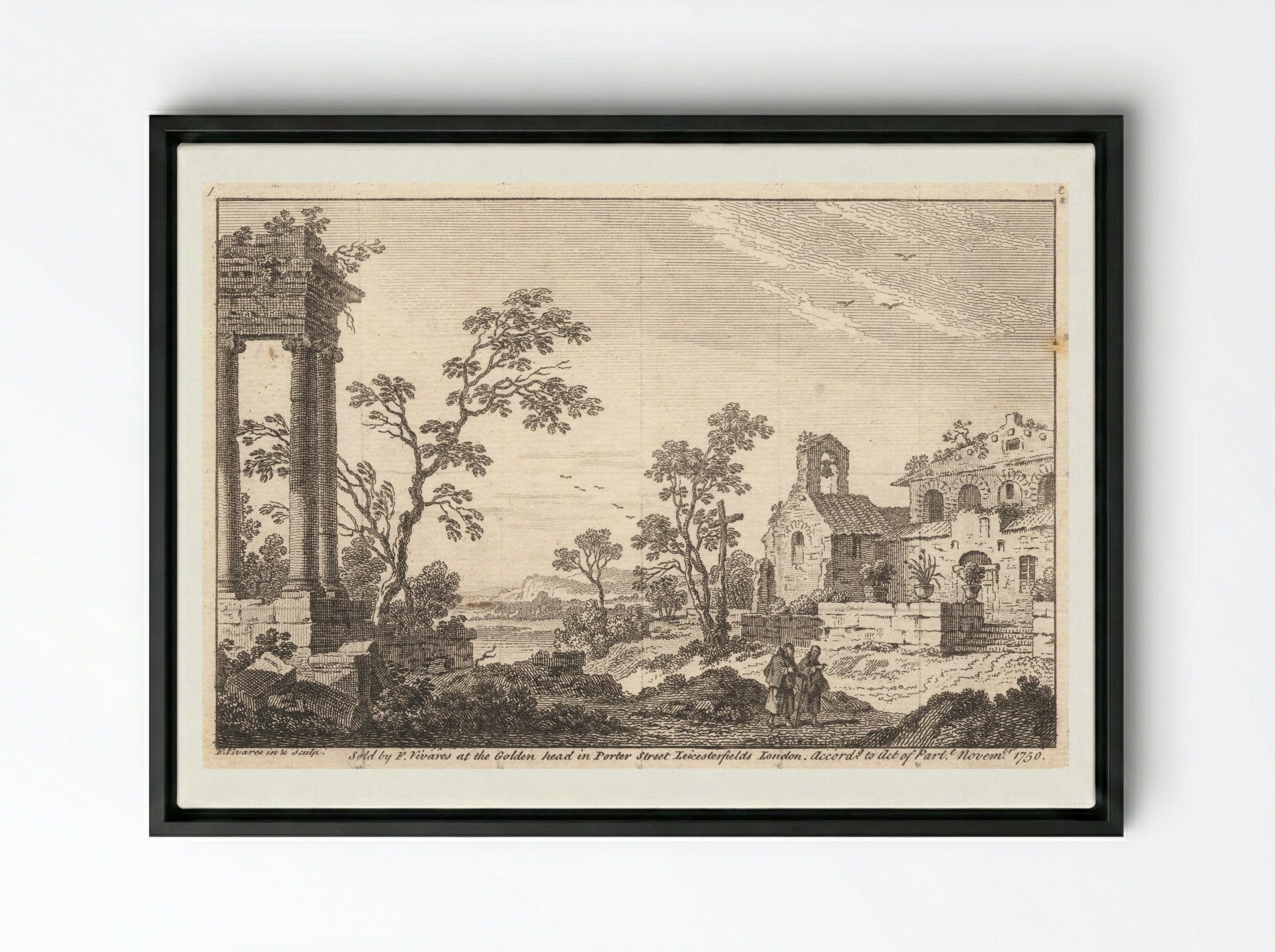 Untitled (Classical Ruins and Figures) - François Vivares - Framed Canvas Black