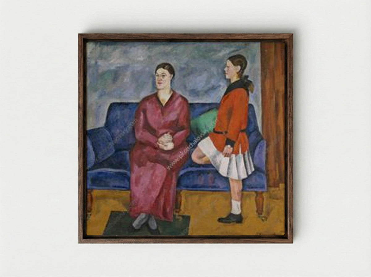 Portrait of S. P. Konchalovsky with her daughter - Pyotr Konchalovsky - Framed Canvas Dark Wood