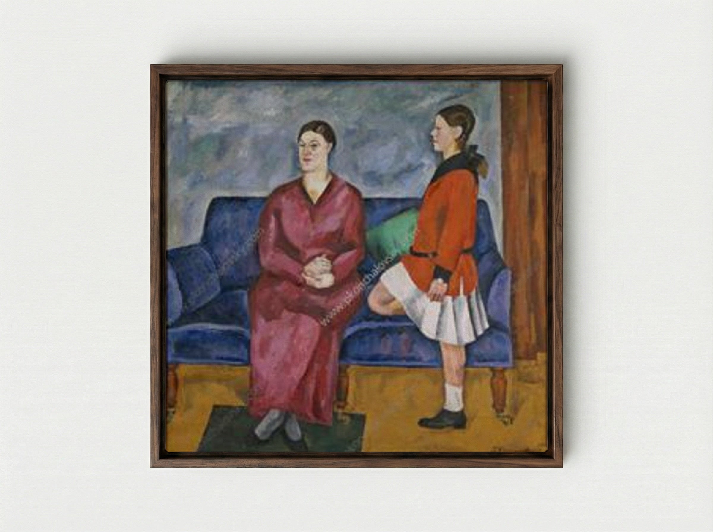 Portrait of S. P. Konchalovsky with her daughter - Pyotr Konchalovsky - Framed Canvas Dark Wood