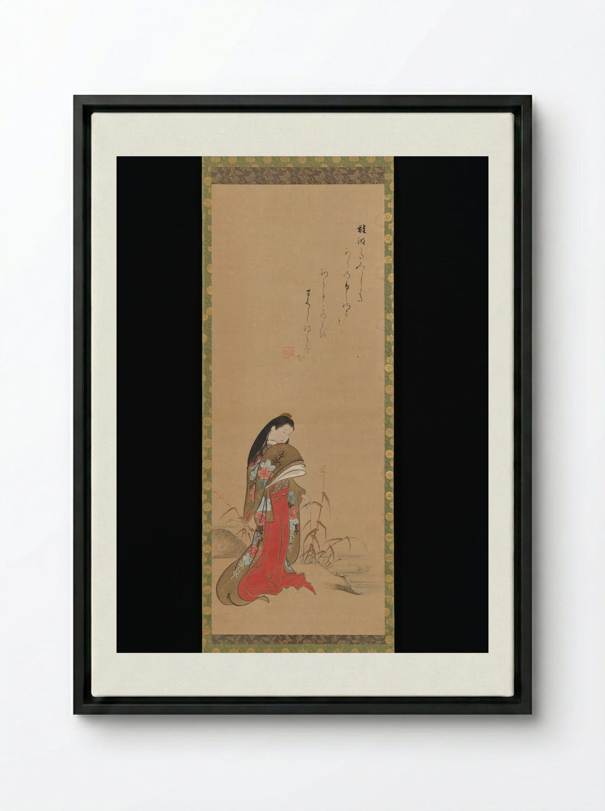 Lady Ise by the Riverbank - Nishikawa Sukenobu - Framed Canvas Black