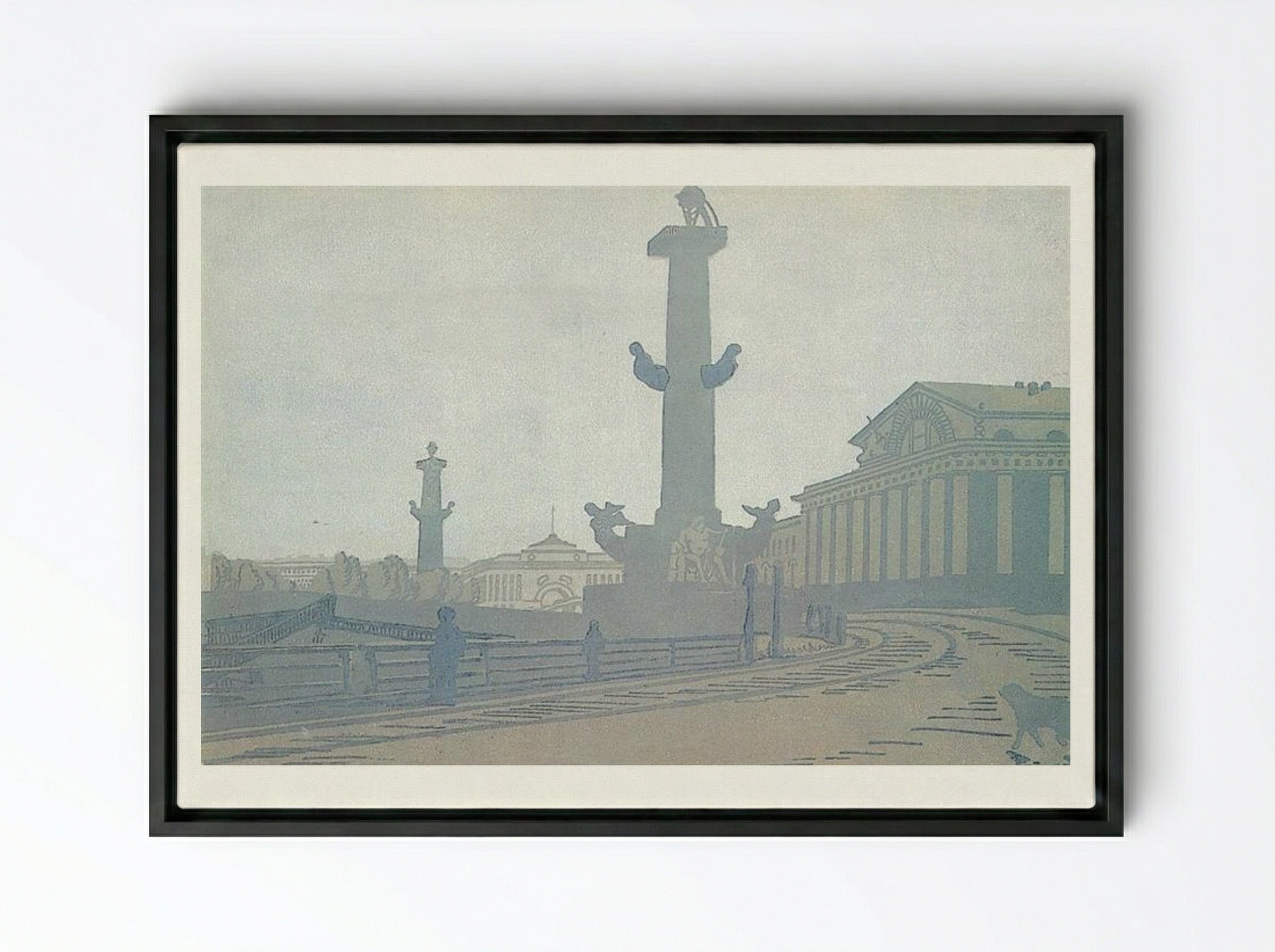 Petersburg. Rostral column and Exchange - Anna Ostroumova-Lebedeva - Framed Canvas Black