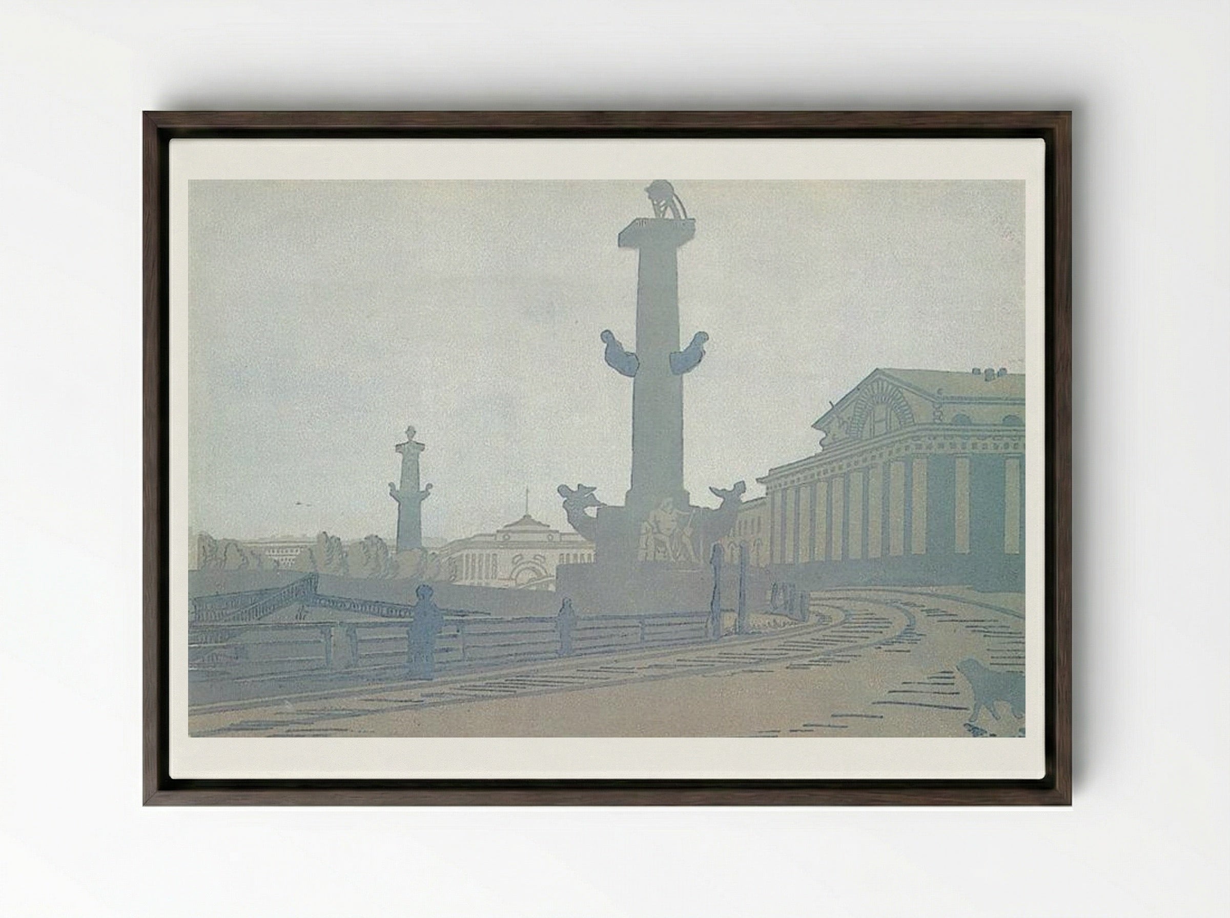 Petersburg. Rostral column and Exchange - Anna Ostroumova-Lebedeva - Framed Canvas Dark Wood