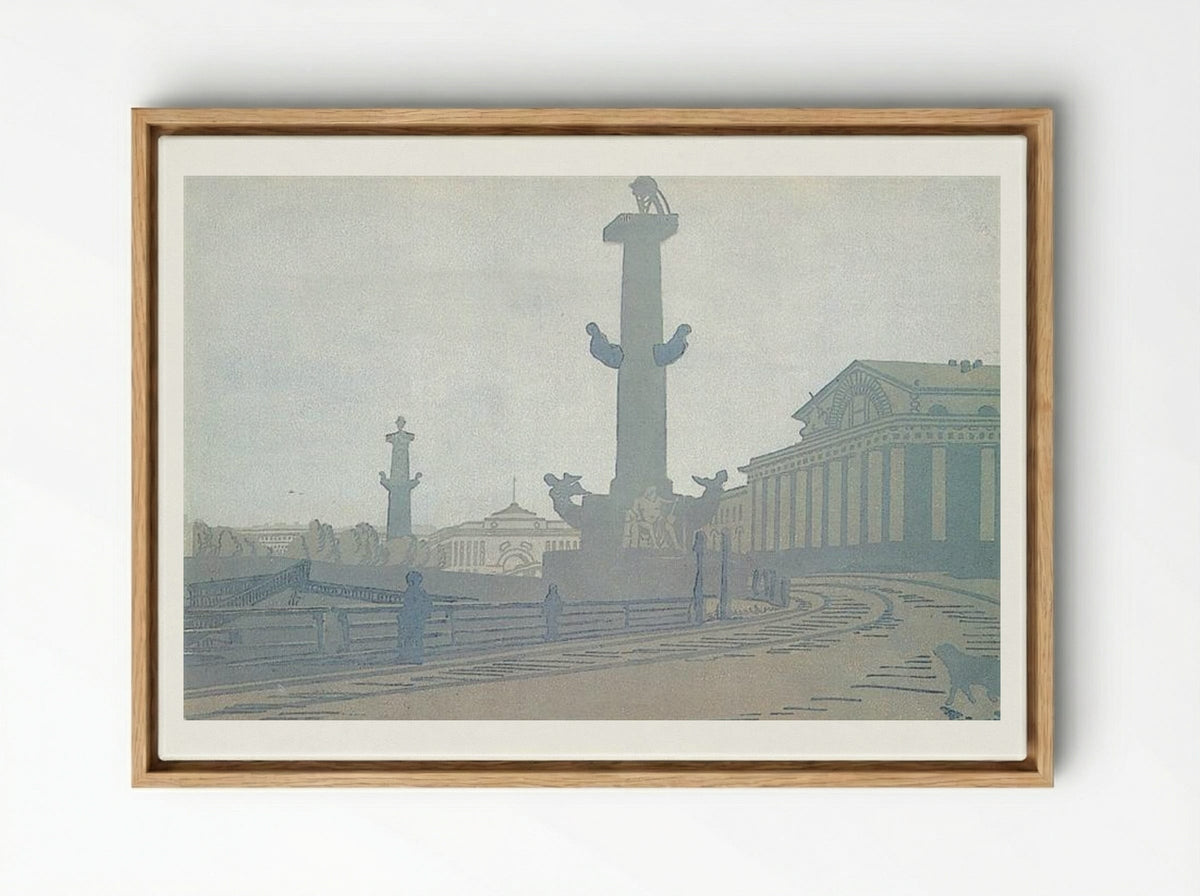 Petersburg. Rostral column and Exchange - Anna Ostroumova-Lebedeva - Framed Canvas Wood