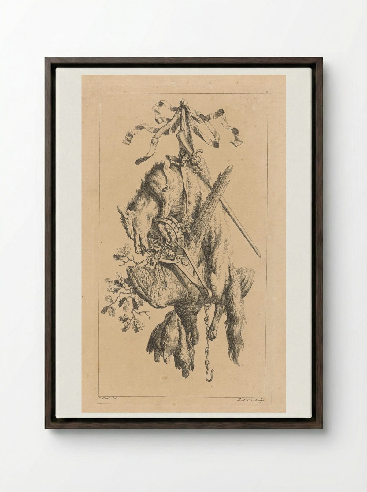 Trofee met vos en vogels - François Vivares - Framed Canvas Dark Wood