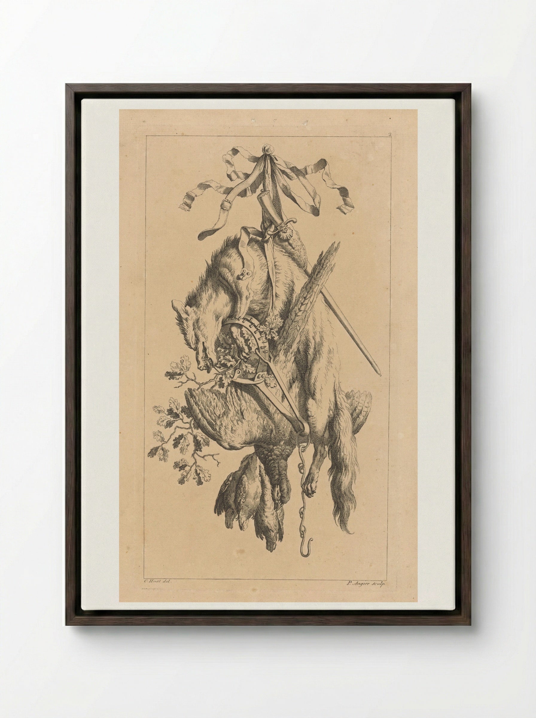 Trofee met vos en vogels - François Vivares - Framed Canvas Dark Wood